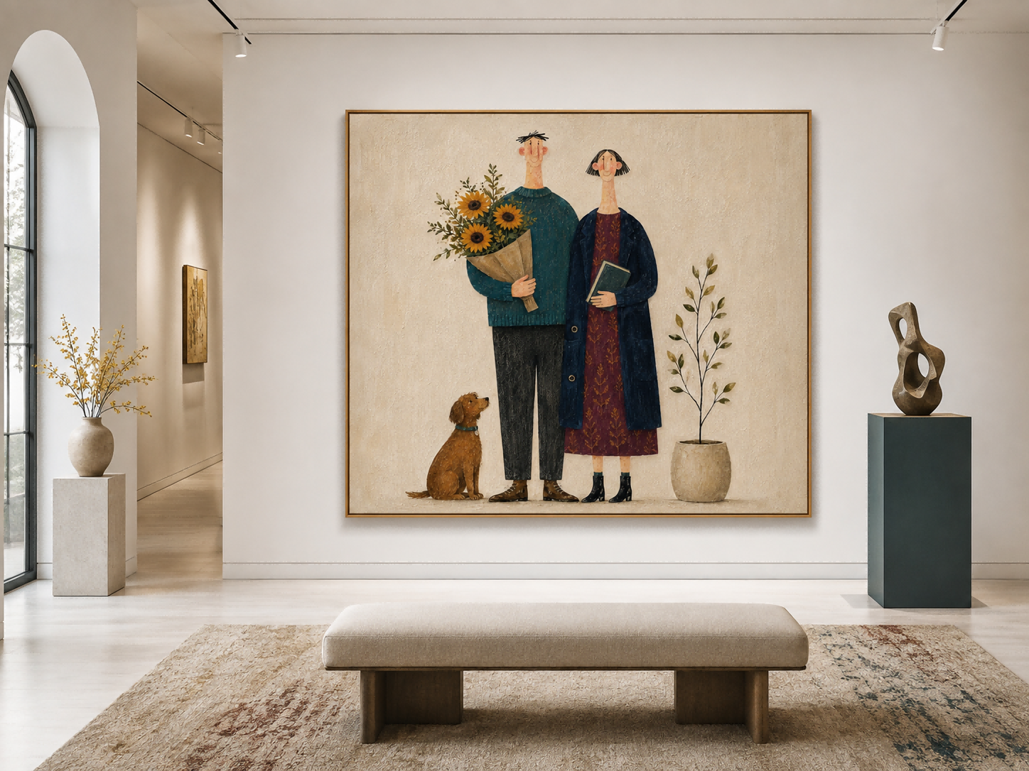 Square Organic Modern Art Featuring Couple And Pet In Earthy Colors Ideal For Bedroom Or Reading Nook Decoration