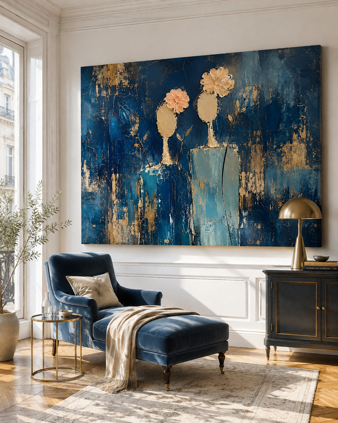 Abstract Floral Woman Canvas Painting Blue Gold Hand-Painted Modern Wall Art