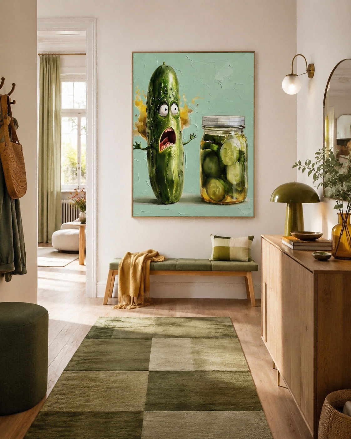Funny Cucumber Painting For Modern Kitchen Wall Art Decor With Textured Green Pop Art Style