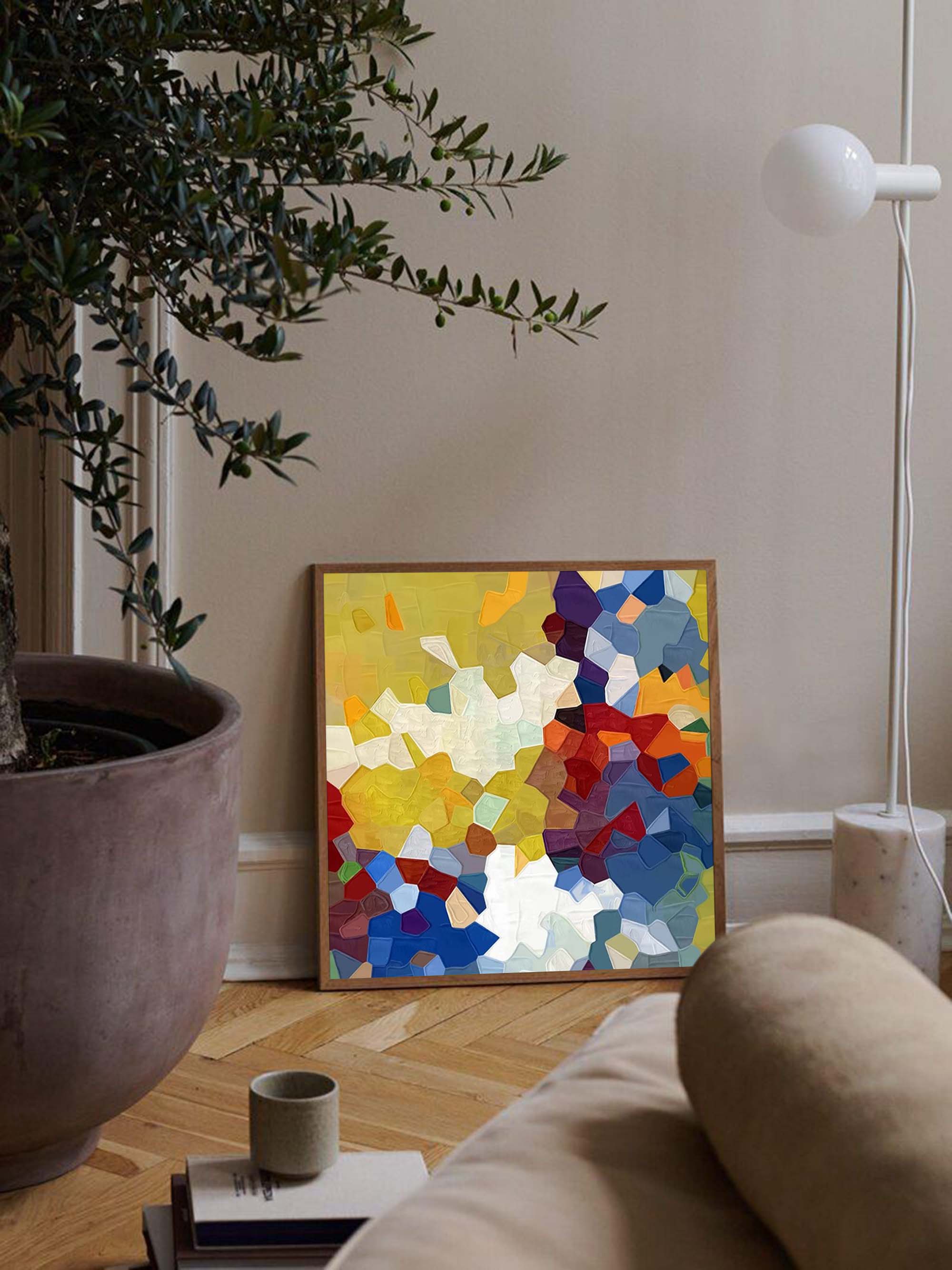 Yellow And Blue Abstract Oil Painting On Canvas Modern Wall Art Large Original Blue Acrylic Painting For Living Room