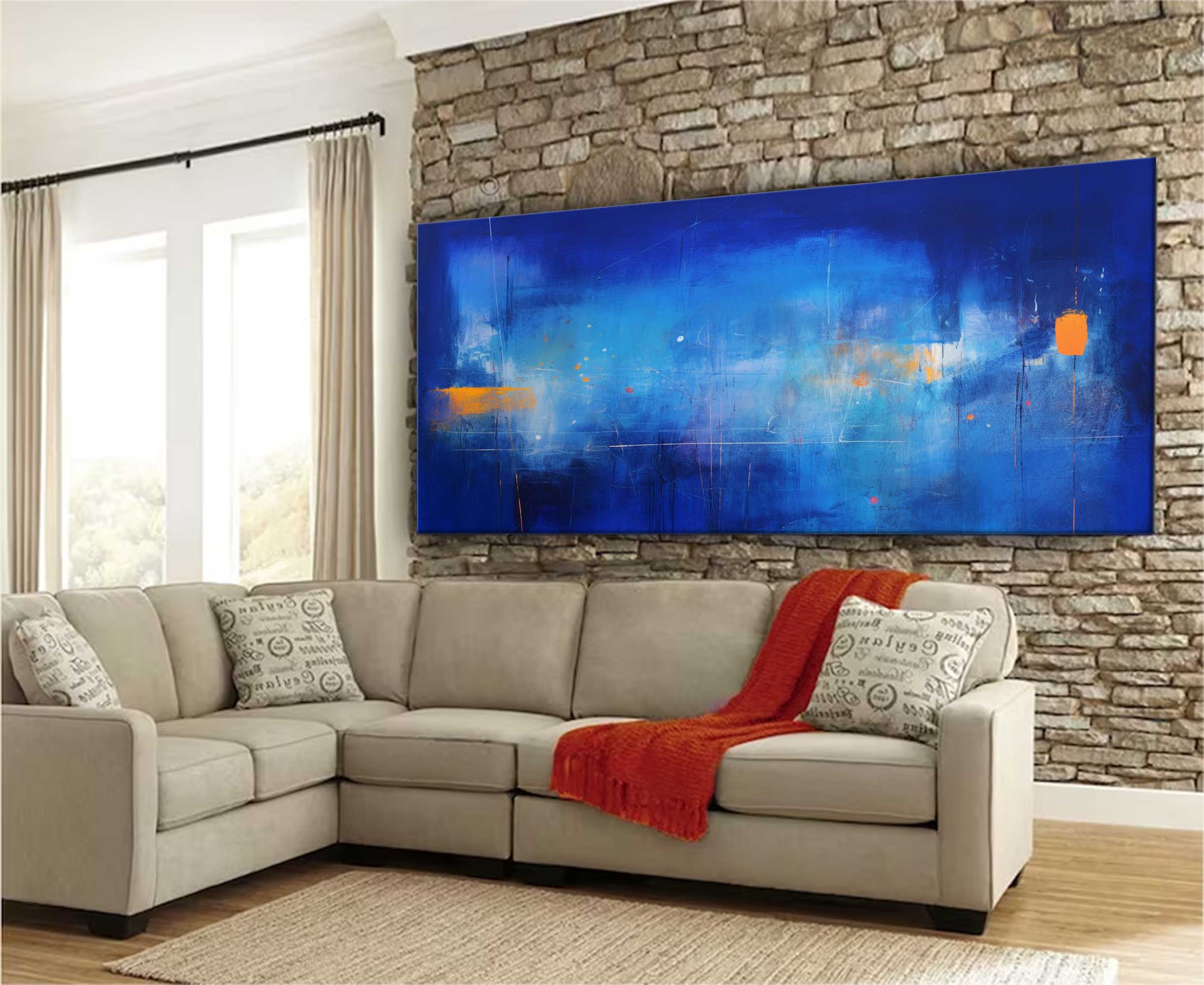 Large Bright Blue Acrylic Painting Original Oil Painting On Canvas Modern Abstract Living Room Wall Art