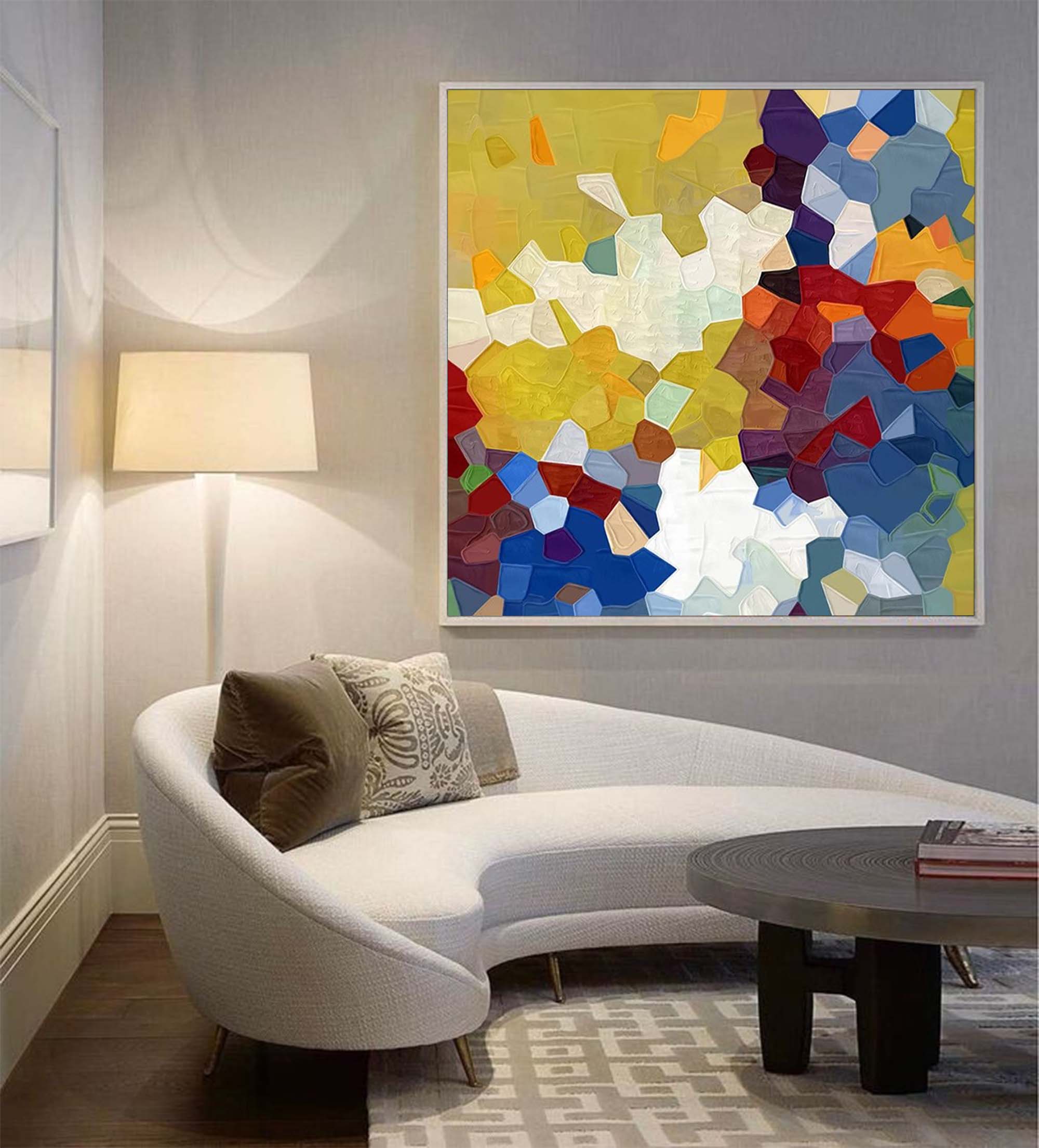 Yellow And Blue Abstract Oil Painting On Canvas Modern Wall Art Large Original Blue Acrylic Painting For Living Room