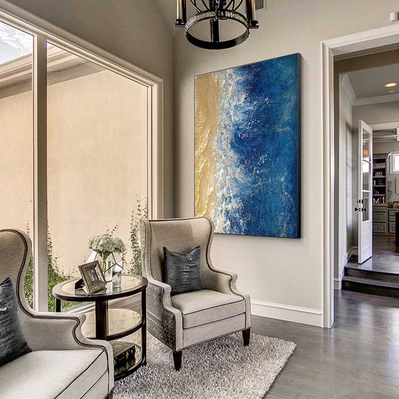 Acrylic Textured Beach And Ocean Painting Framed Large Blue Ocean Wall Art For Living Room