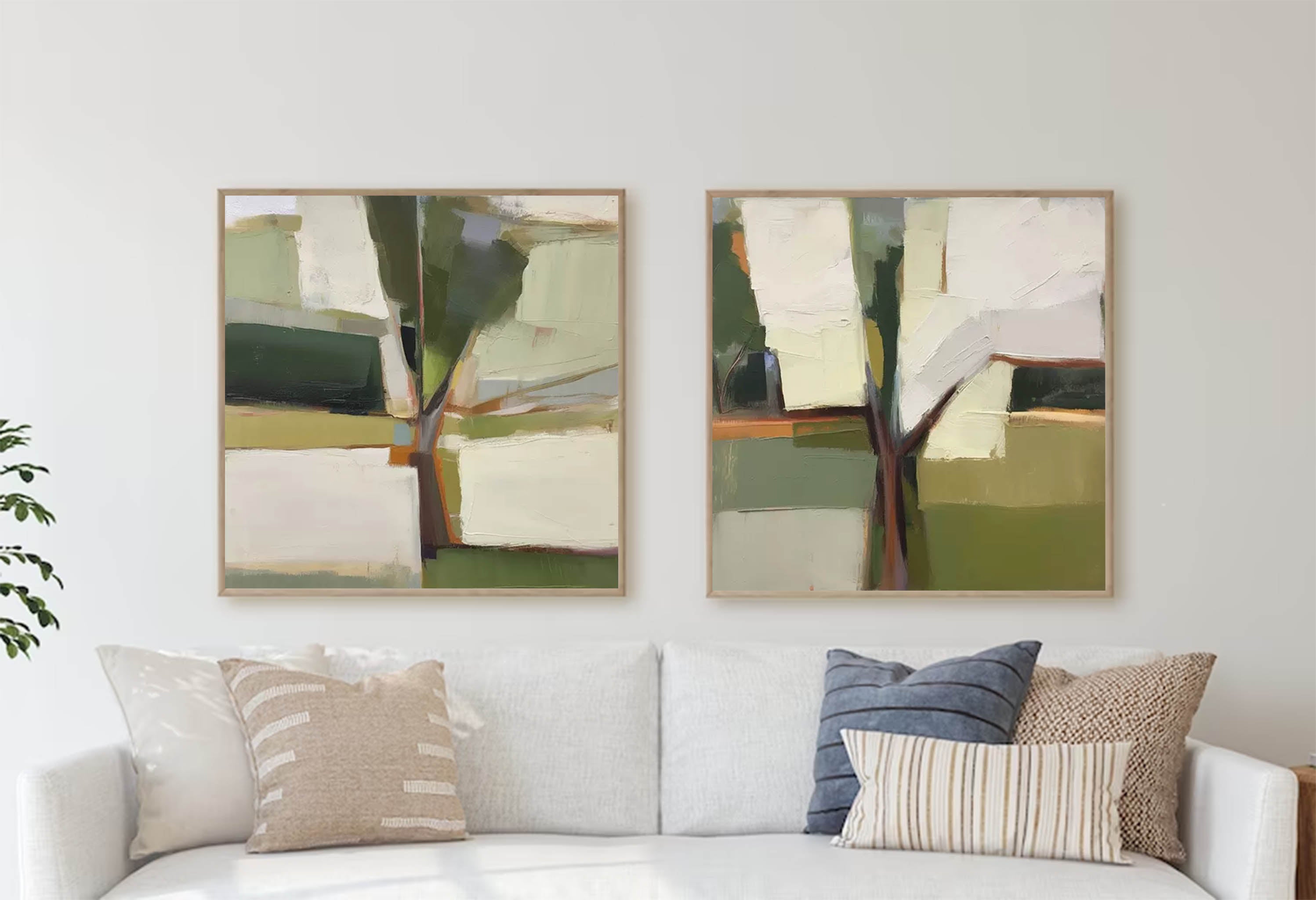 Set of 2 Large Abstract Modern Blue Square Original Tree Oil Paintings On Canvas Texture Wall Art Living Room Decor
