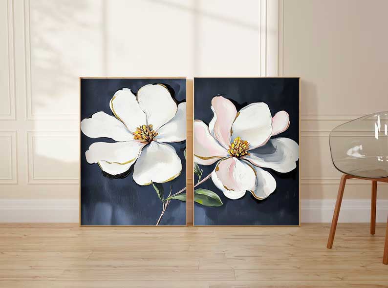 Set of 2 Floral Painting on Canvas 3D Blossom Textured Wall Art Flower Pastel Impasto Botanical Home Decor