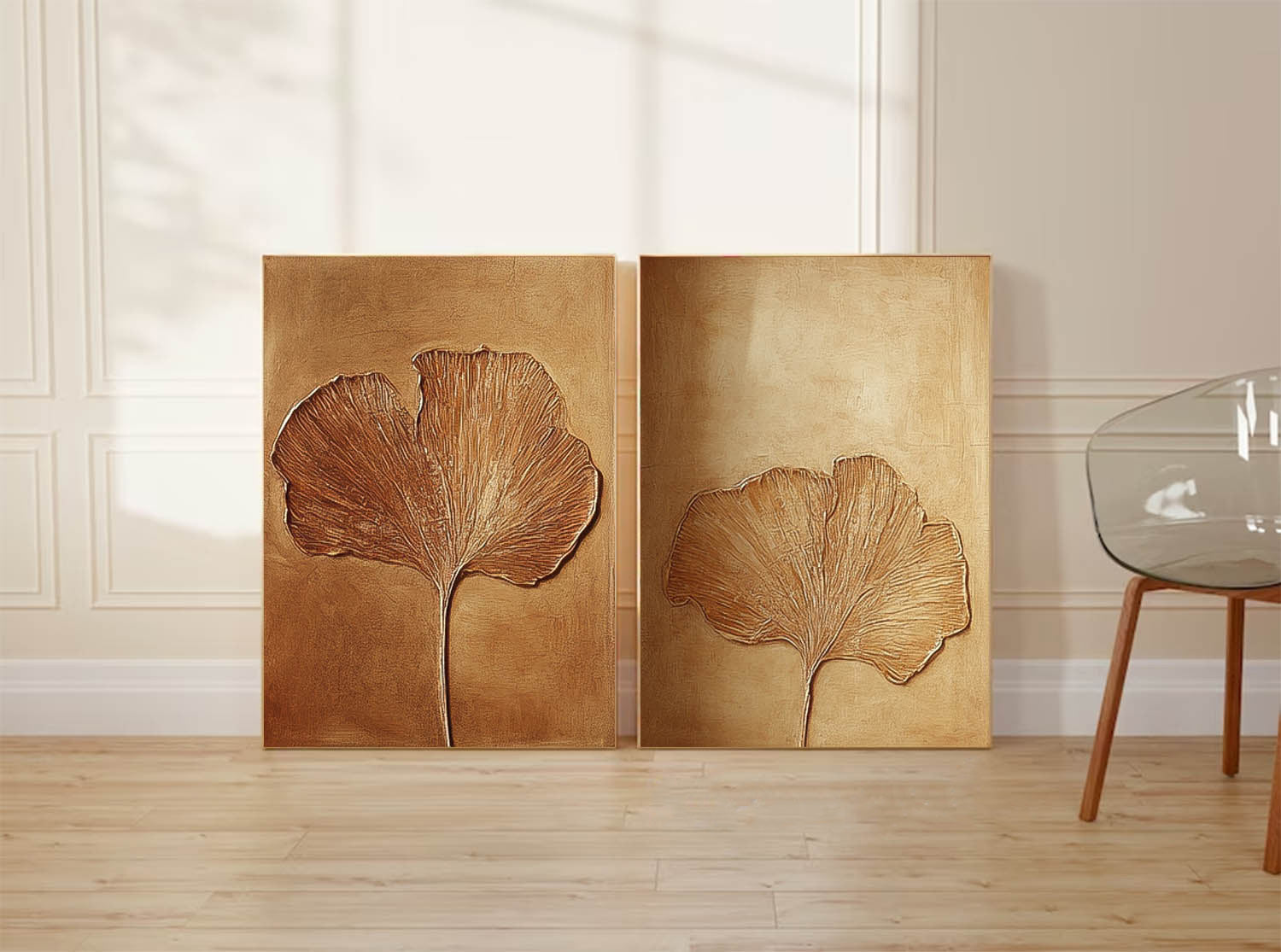 Set of 2 Exquisite Ginkgo Leaf Painting Acrylic Textured Floral Art Impressionist Ginkgo Leaf Painting