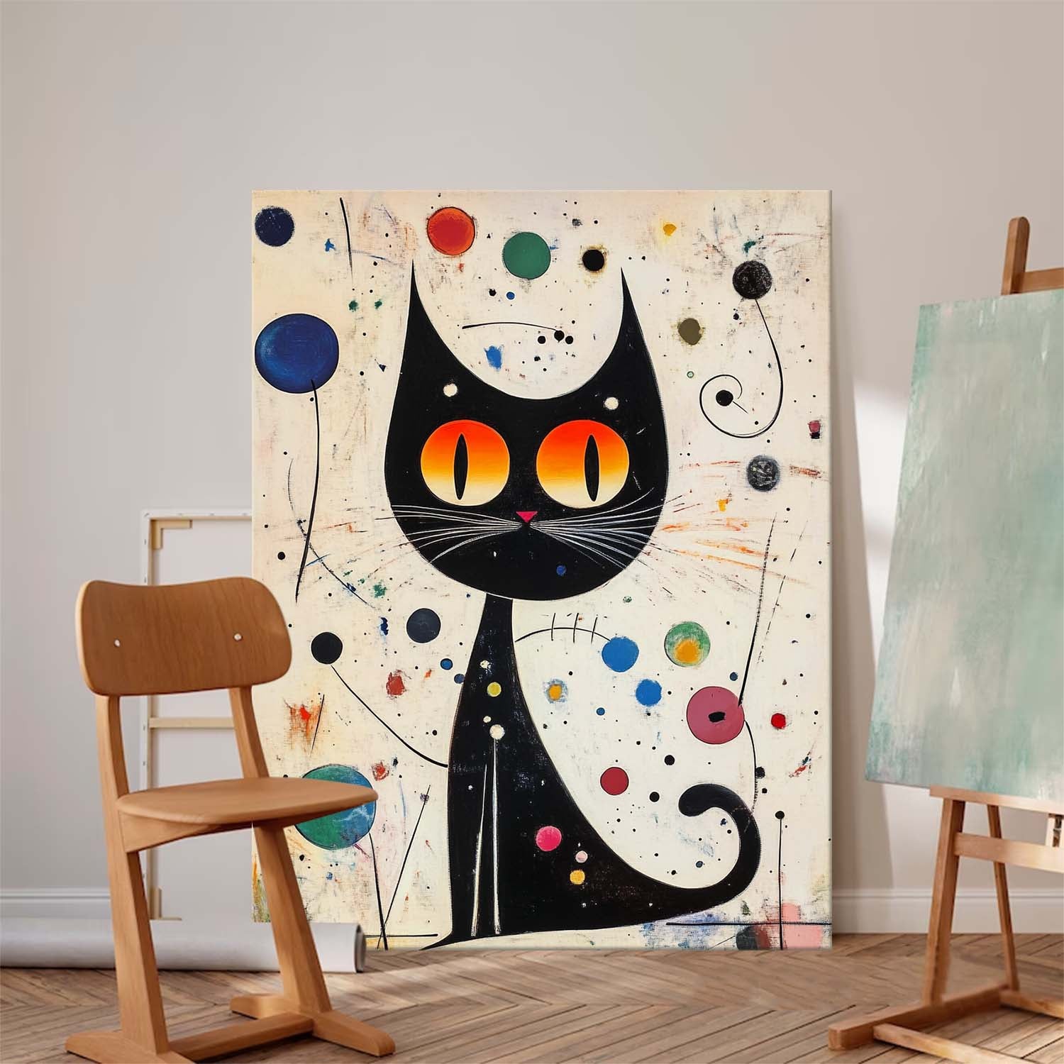Pop Artwork Joan Miró Style Abstract Cat Acrylic Painting Colorful Modern Cat Oil Painting Home Decor