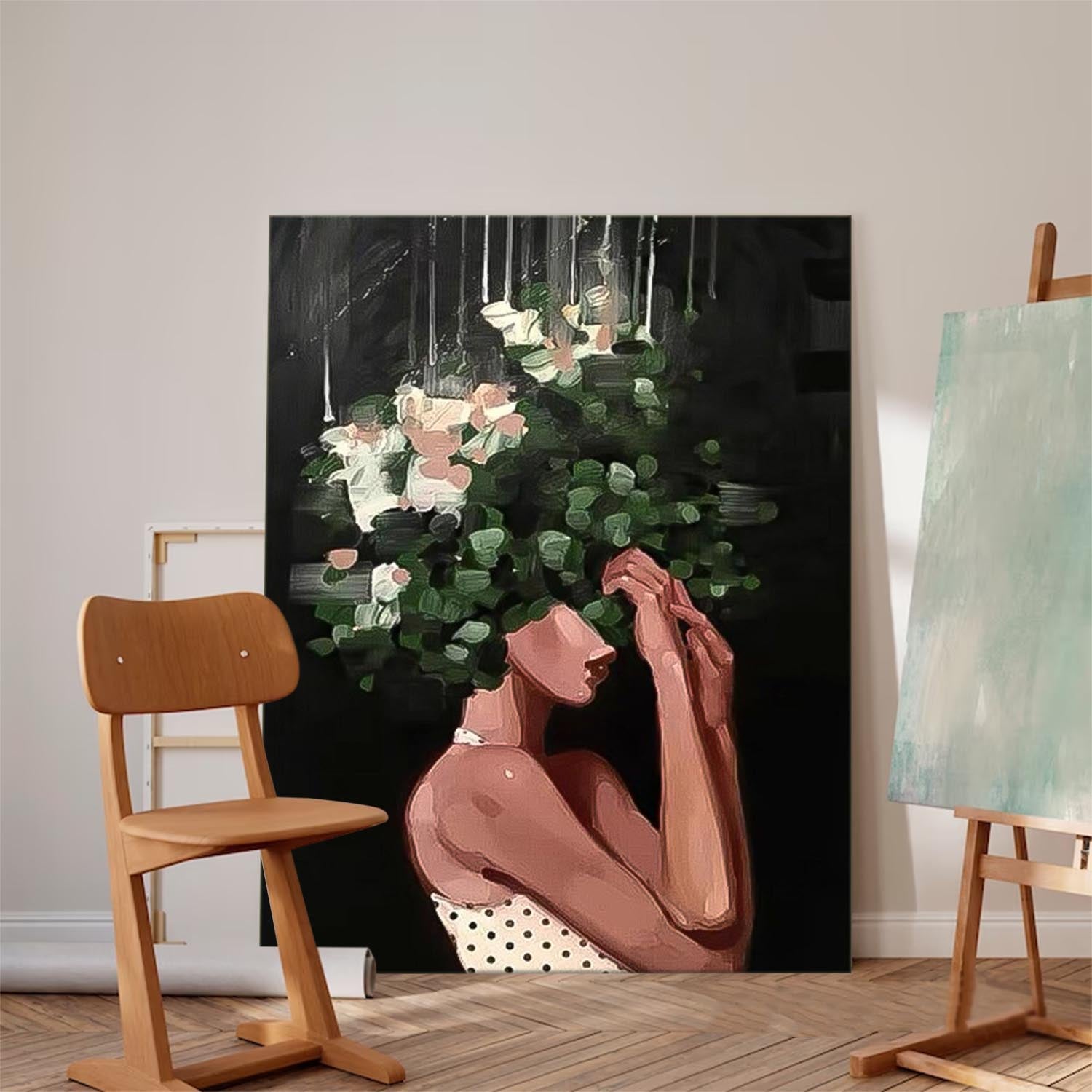 Abstract Lady Painting Woman Face Artwork Large Leaf Faceless Portrait Painting Original Wall Art