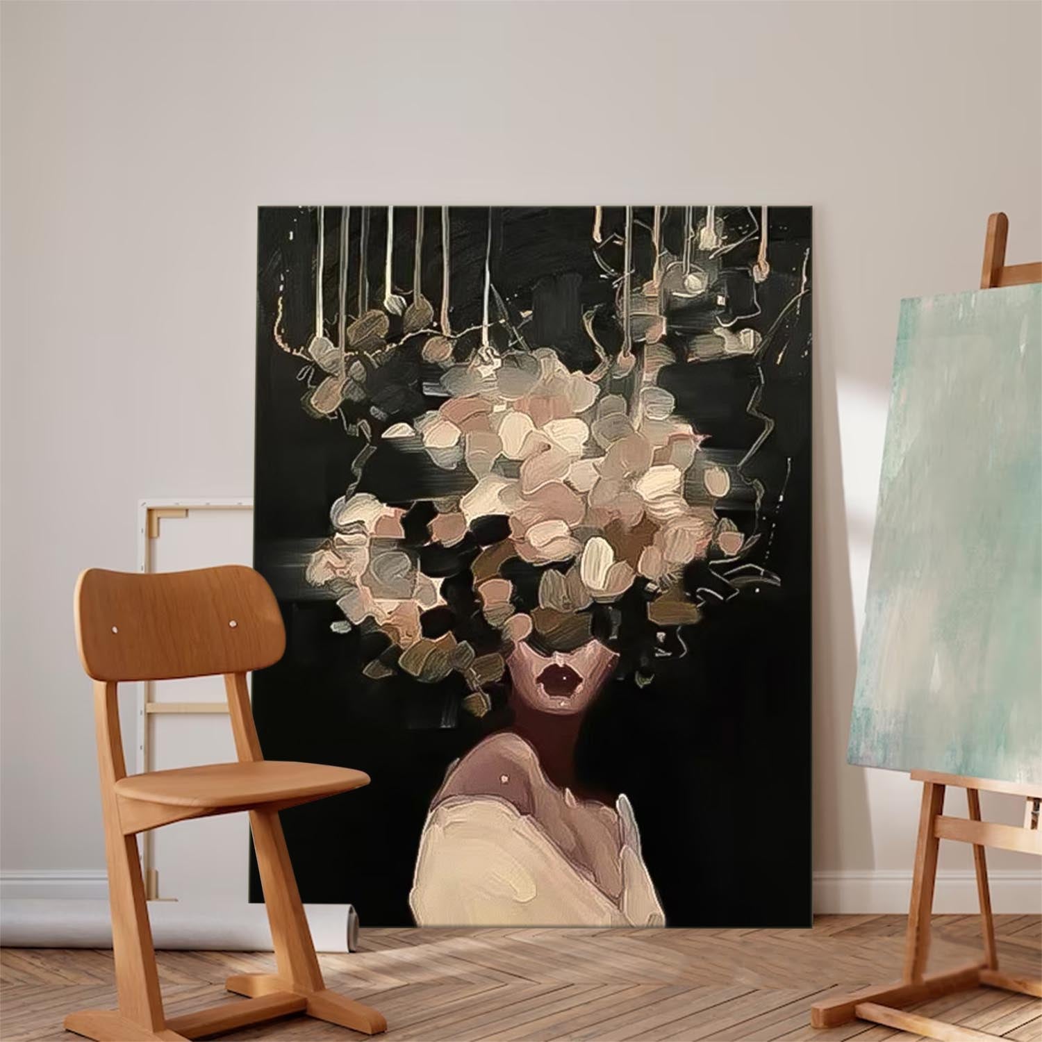 Flower Girl Painting Abstract Female Canvas Art Modern Woman Wall Art