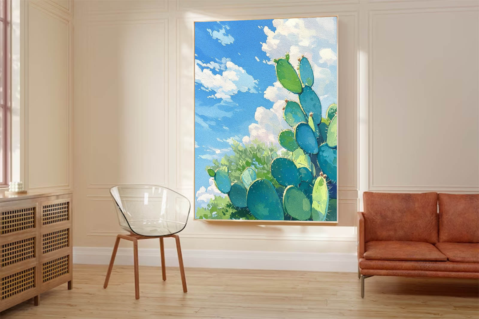 Abstract Scenery Oil Painting Large Cute Cactus Painting On Canvas Bright Landscape Texture For Living Room