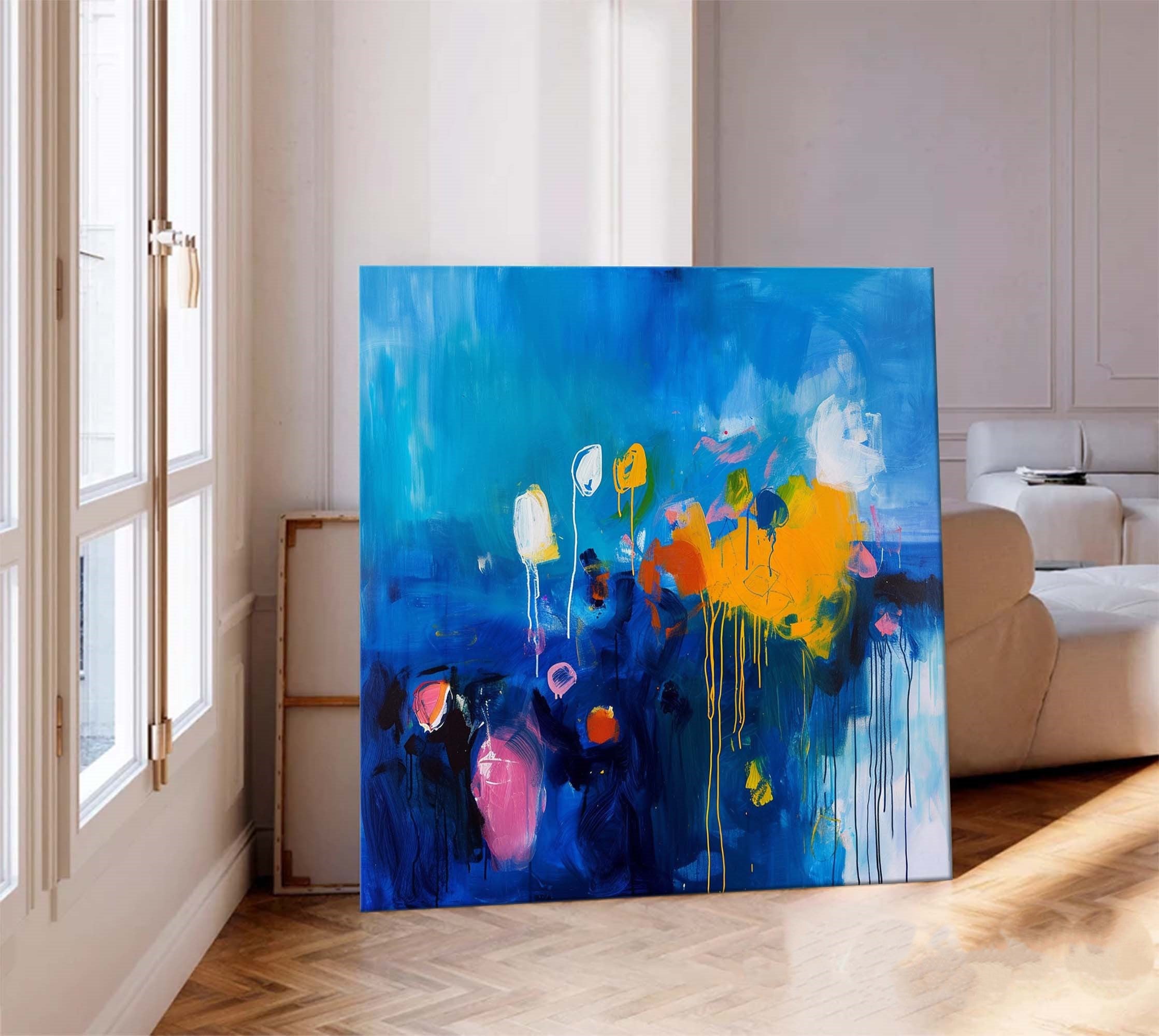 Square Abstract Texture Oil Painting Bright Blue Large Acrylic Painting On Canvas Original Modern Wall Art Home Decor