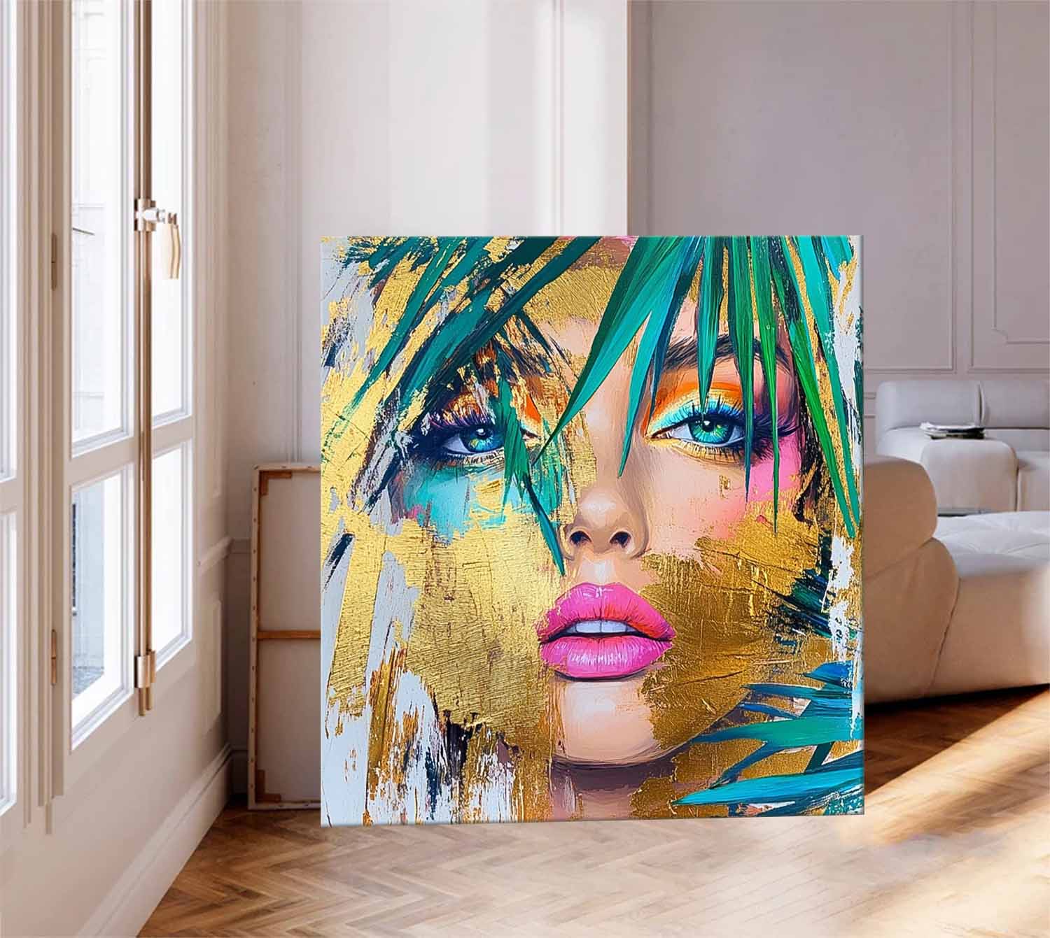 Origina Lady Face Acrylic Painting Canvas Gold Girl Abstract Wall Art Square Large Portrait Artwork