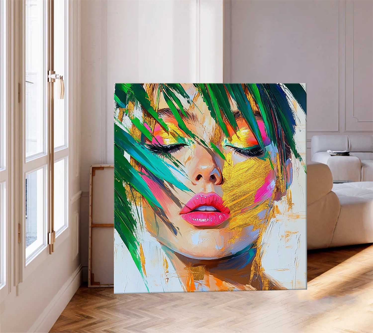 Beautiful Girl Abstract Wall Art Origina Lady Face Acrylic Painting Canvas Square Large Portrait Artwork