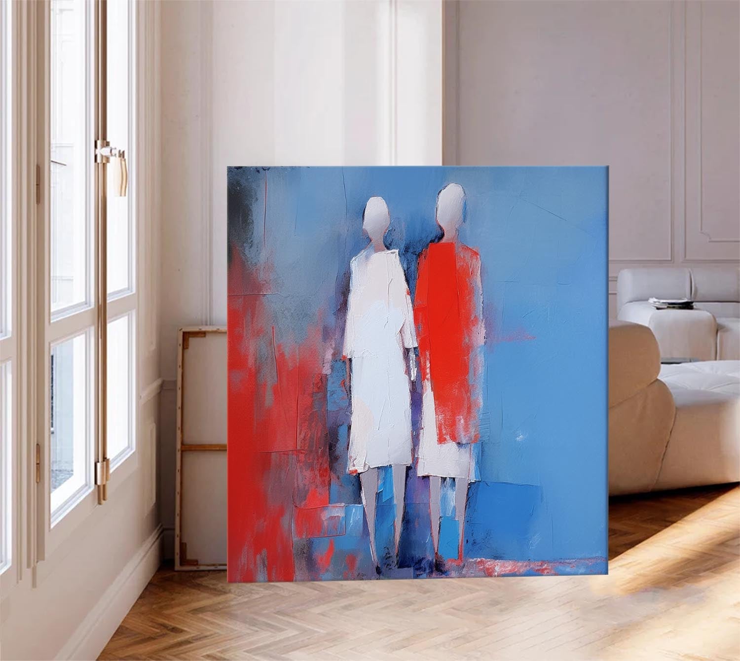 Red And Blue Abstract people's Wall Art Original Character Outline Painting Canvas Large Square Artwork