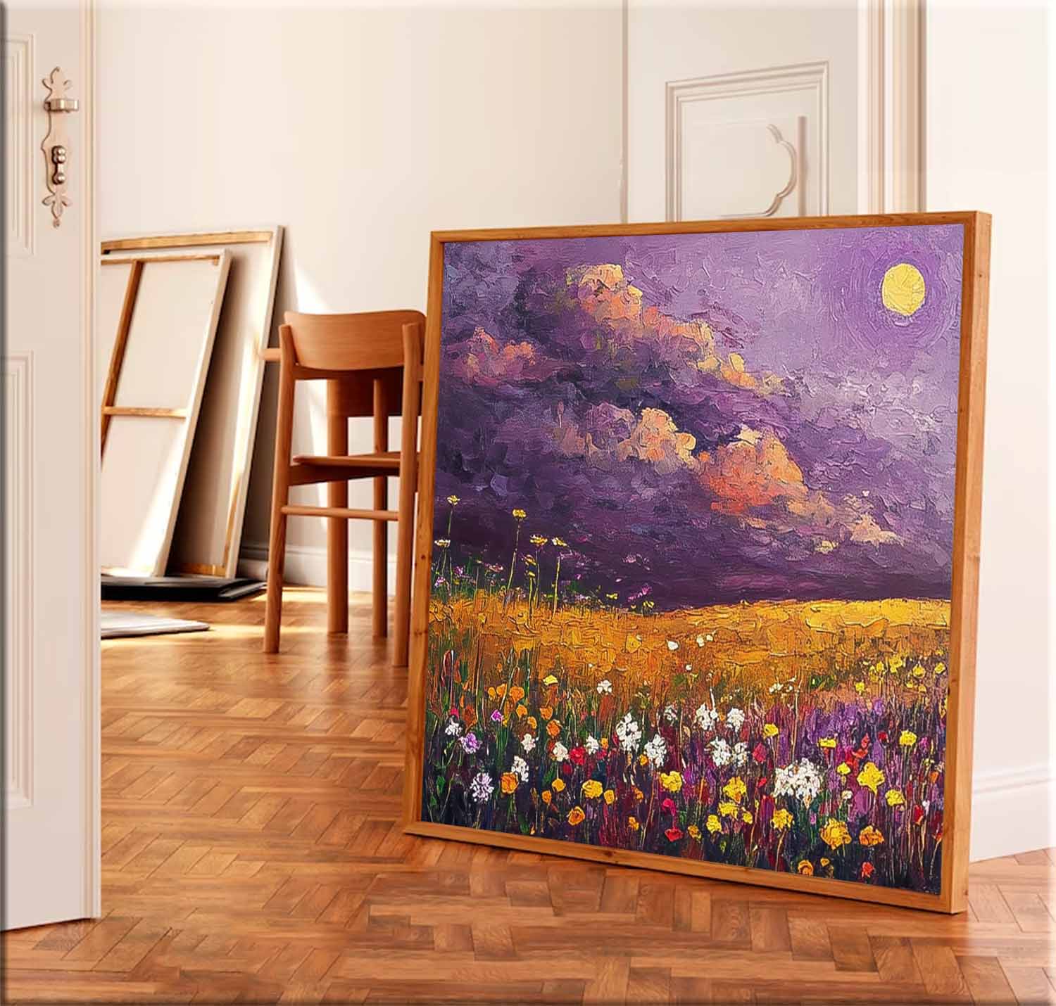 Original Landscape Oil Painting Large Spring Wall Art Abstract Purple Scenery Painting Living Room Decor
