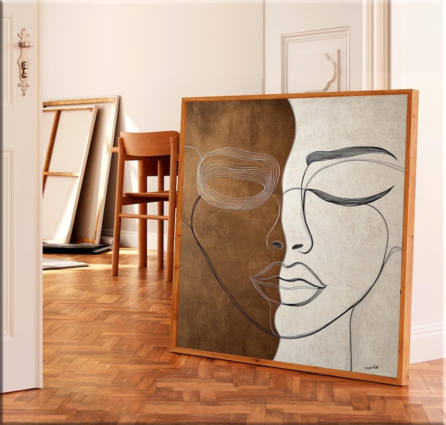 Lady Face Abstract Wall Art Square Original Wabi-sabi Minimalism Portrait Painting Canvas Large Artwork