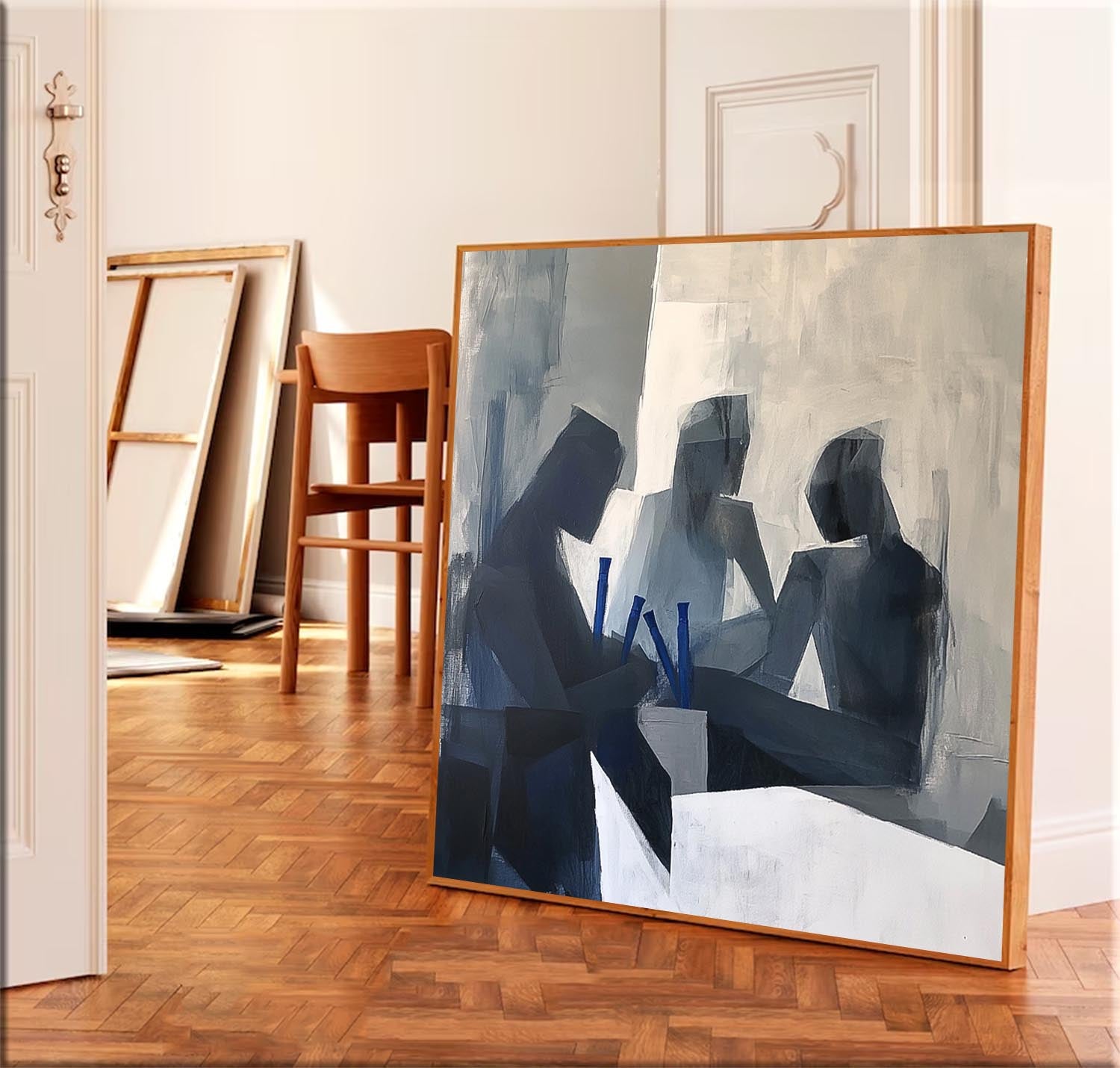 Original Grey Figure Acrylic Painting Canvas Abstract Wall Art Square Large Portrait Contour Artwork