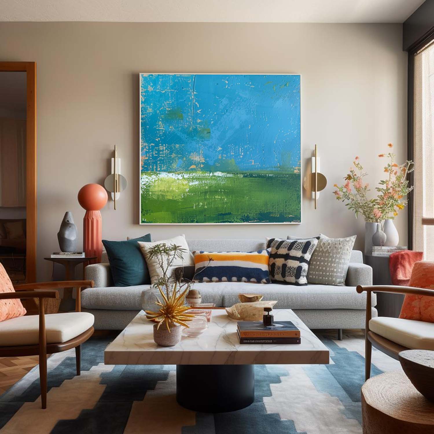 Blue And Green Large Abstract Oil Painting On Canvas Original Wall Art Modern Nature Art for Living Room