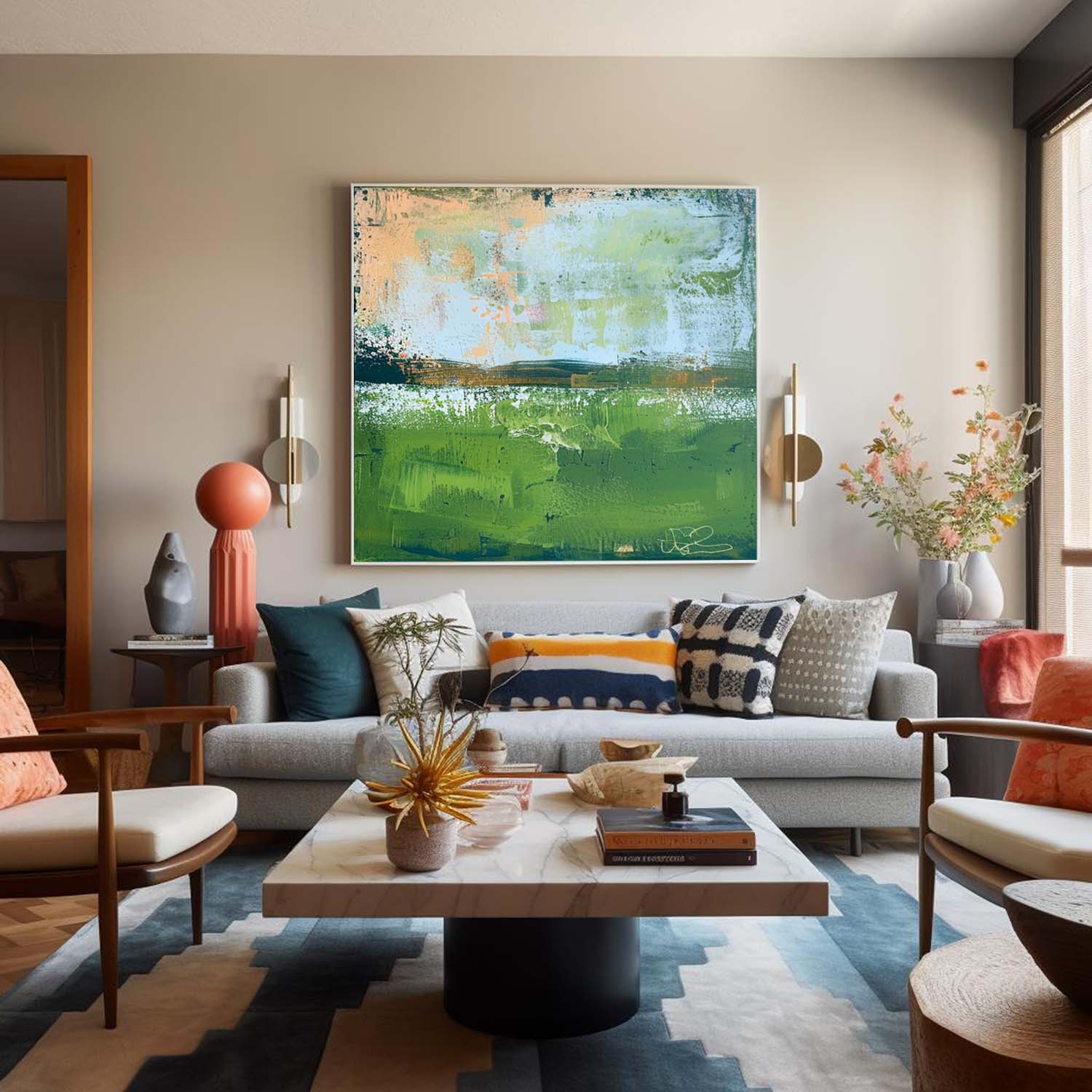 Modern Nature Art Original Wall Art Blue And Green Large Abstract Oil Painting On Canvas for Living Room