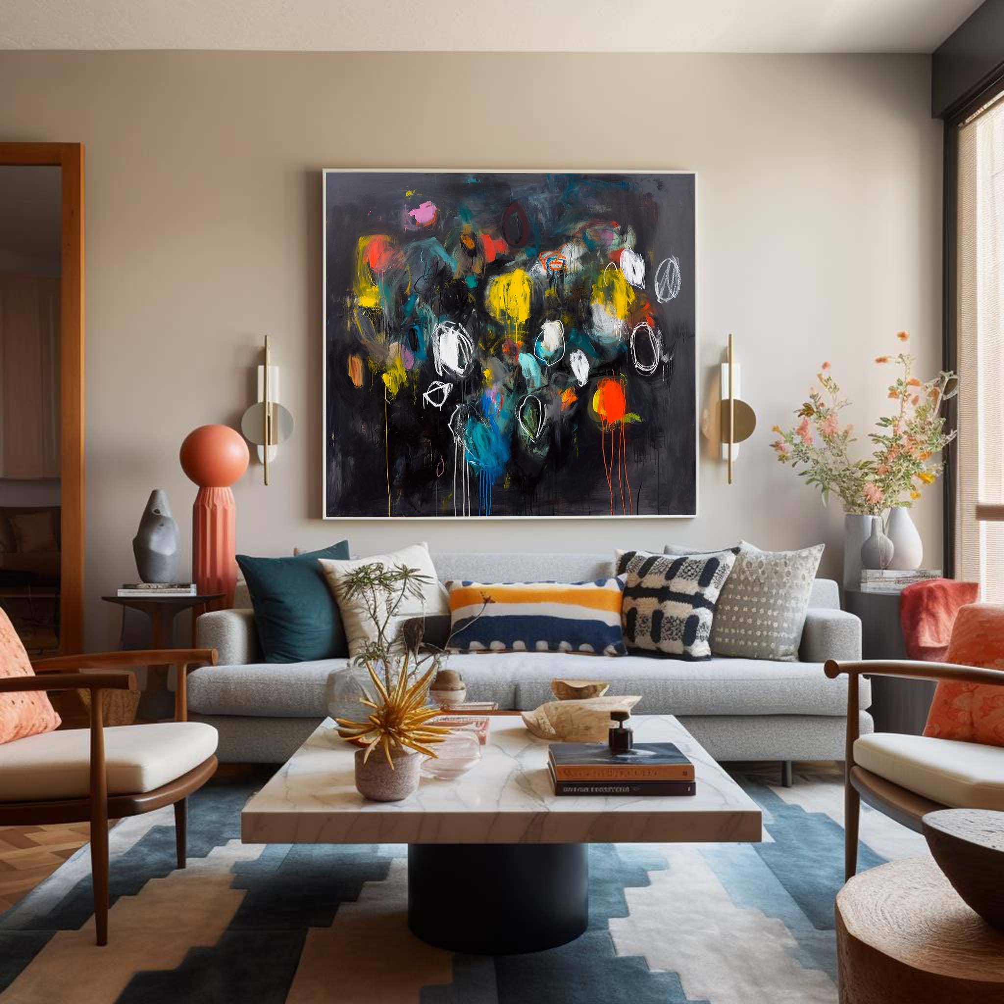 Square Abstract Texture Oil Painting Bright Black Large Acrylic Painting On Canvas Original Modern Wall Art Home Decor