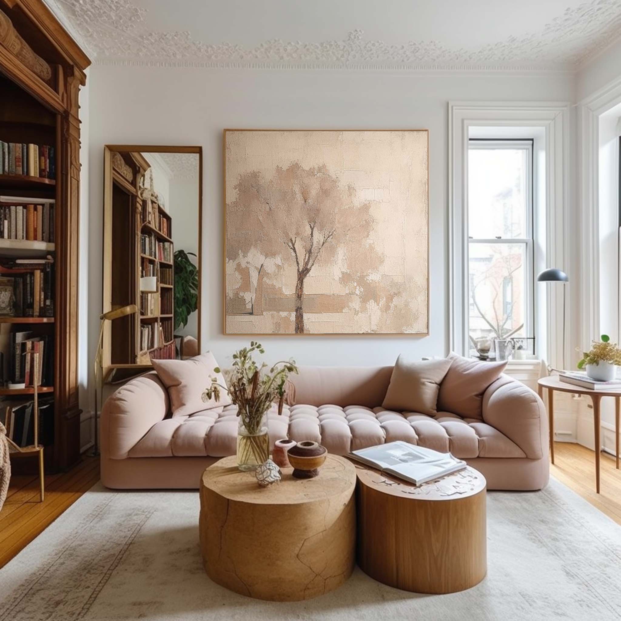 Beige Square Acrylic Painting Canvas Abstract Ink Tree Art Original Painting For Living Room