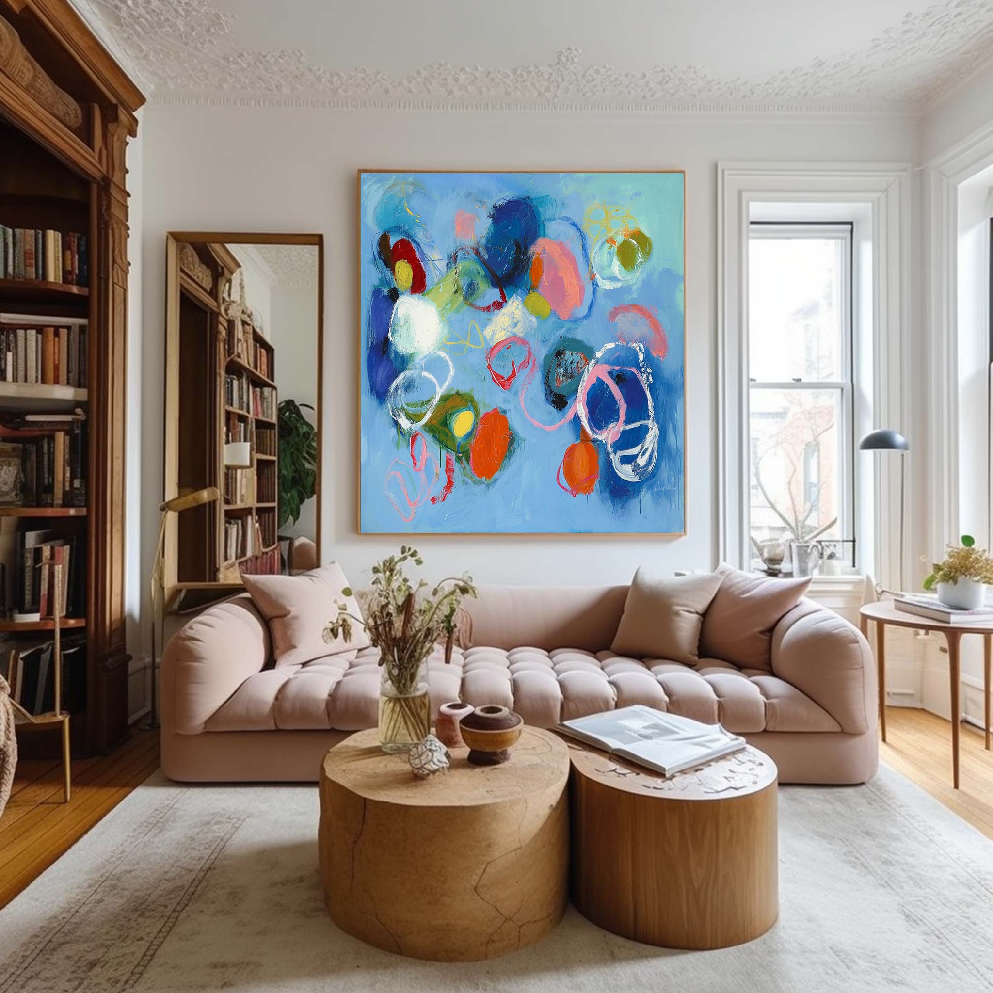 Blue Square Abstract Texture Oil Painting Bright Coloful Large Acrylic Painting Canvas Original Modern Wall Art For Living Room