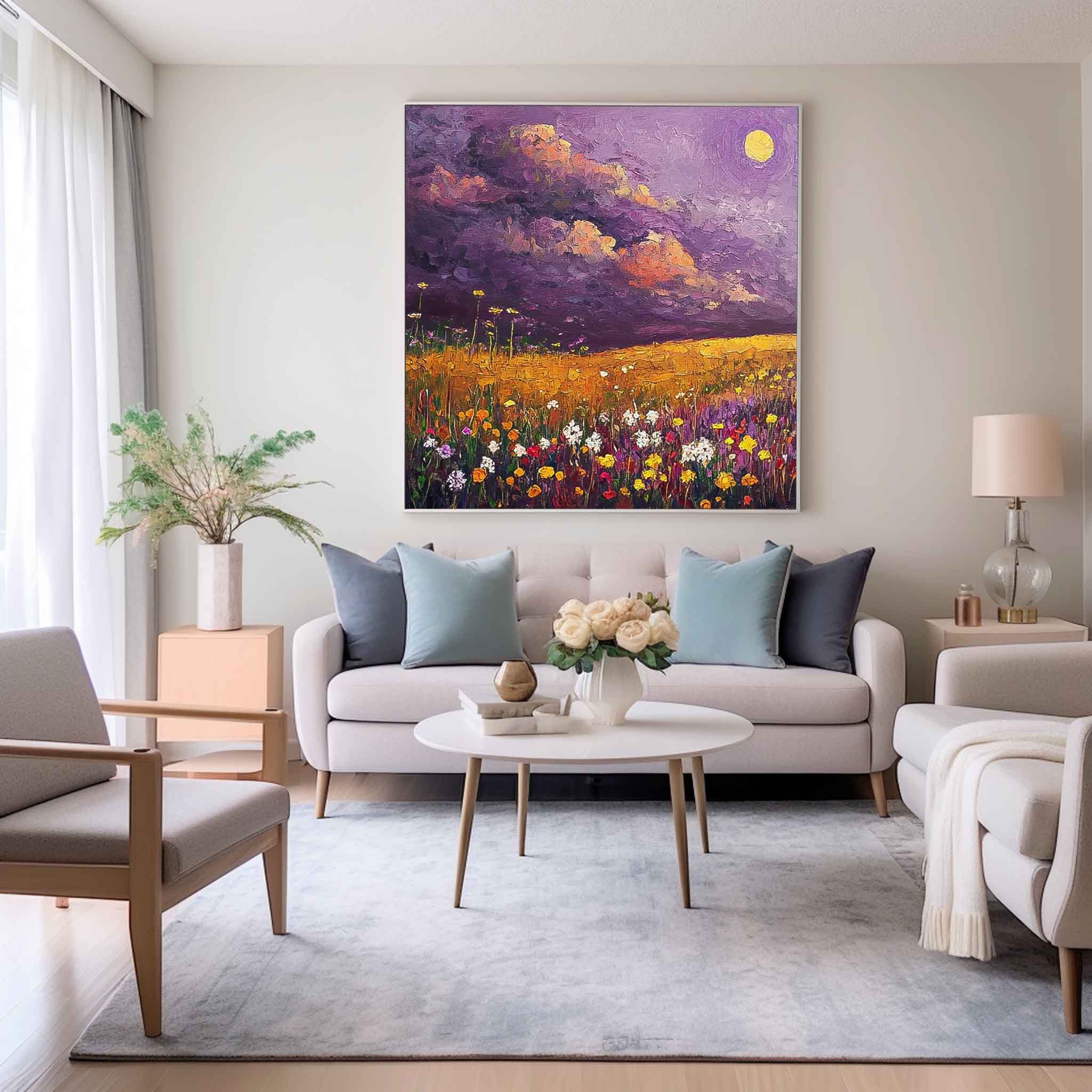 Original Landscape Oil Painting Large Spring Wall Art Abstract Purple Scenery Painting Living Room Decor