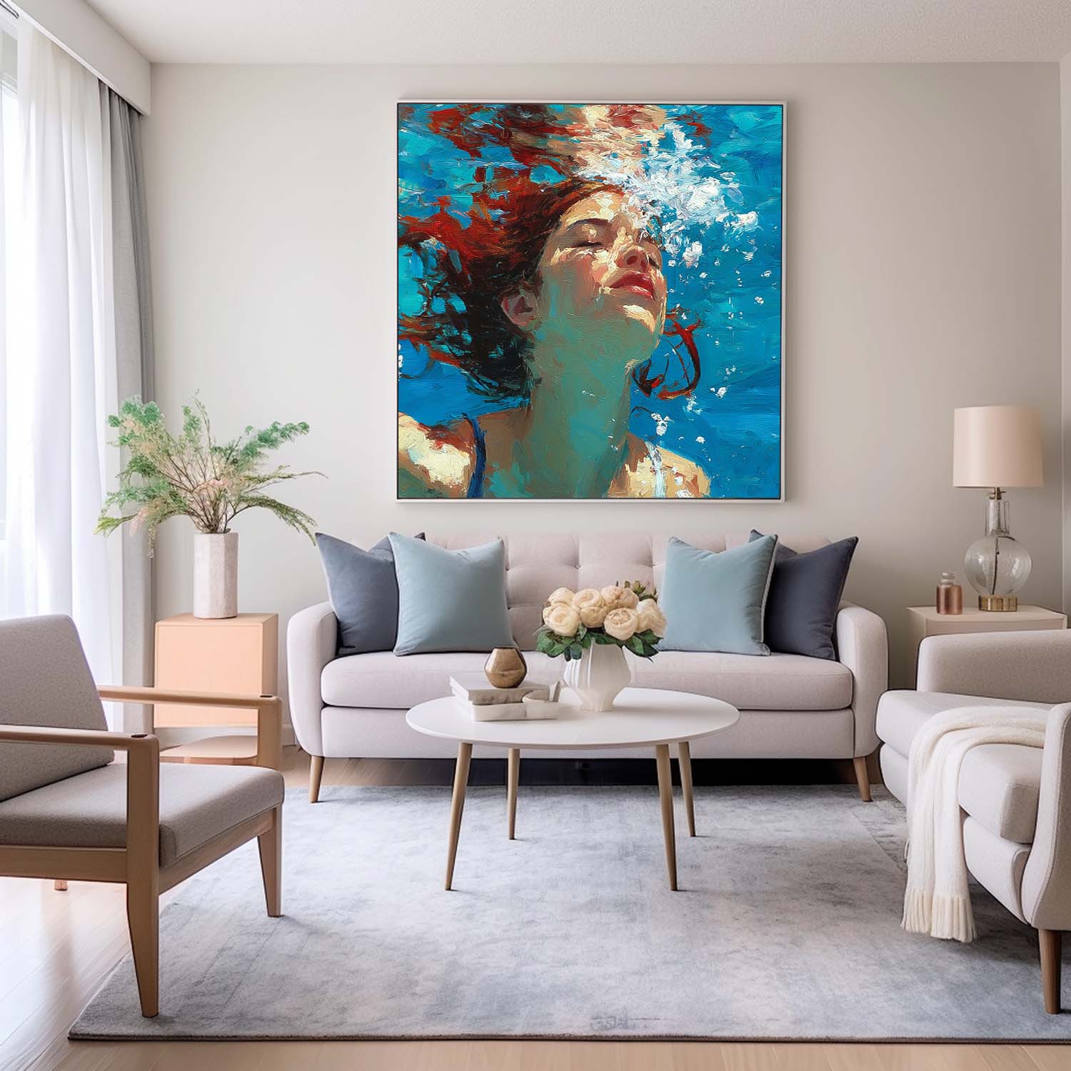 Square Diving In Ocean Girl Acrylic Painting Lady Artwork Original Woman swimming Wall Art For Living Room