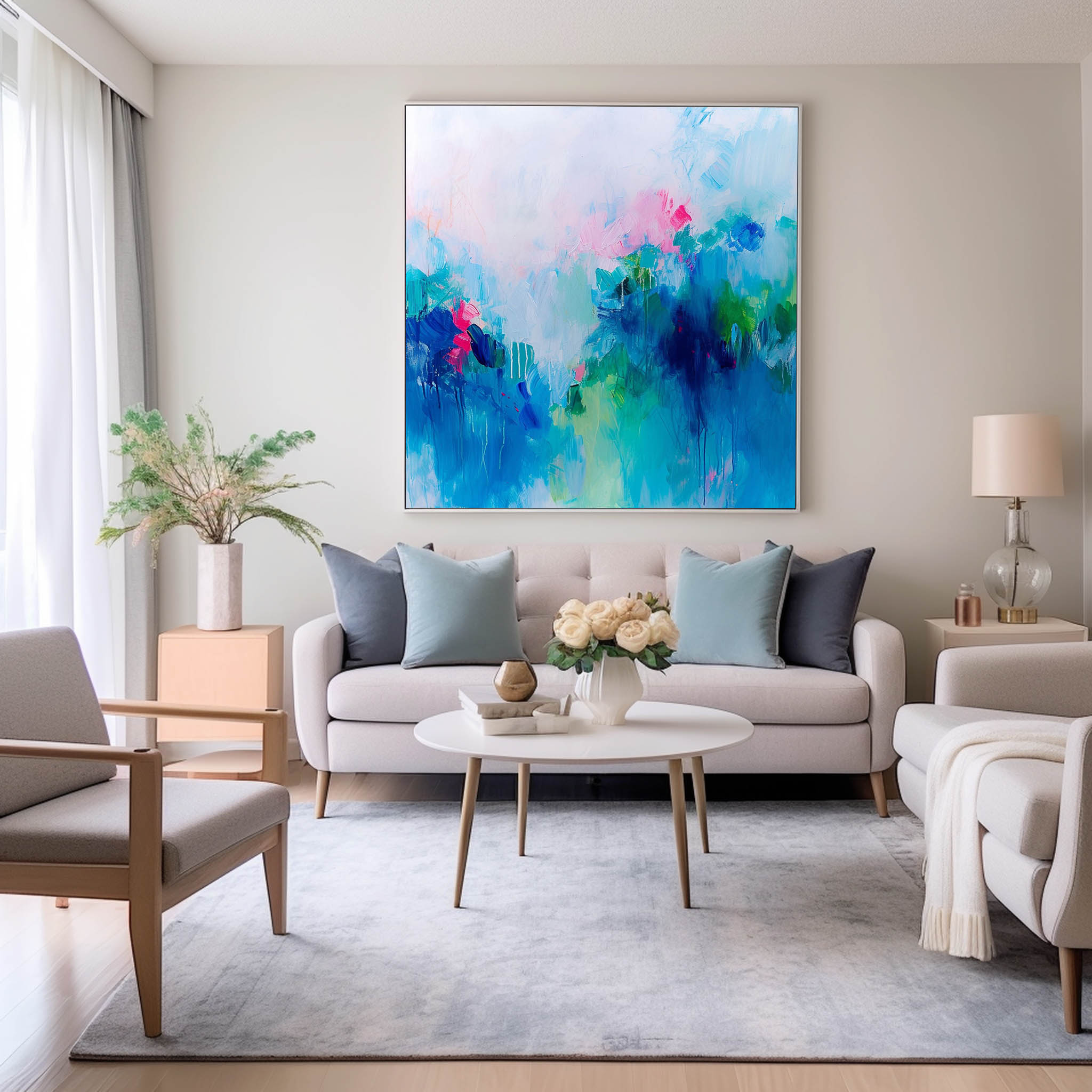 Framed Abstract Wall Art Original Abstract Ink Painting For Sale Warm Blue Painting Canvas For Living Room