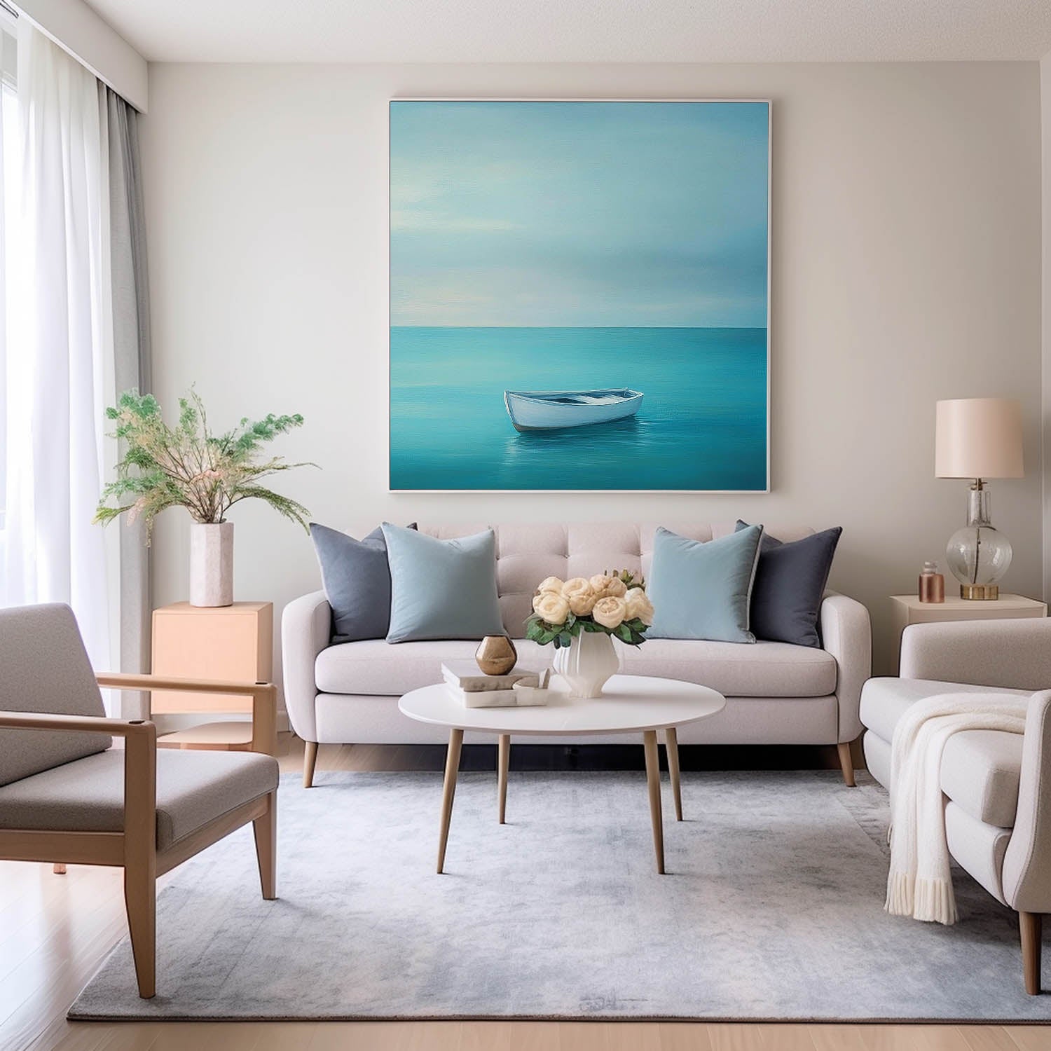 Abstract Offing Scenery Oil Painting Framed Large Small Boat Wall Art Seaside Landscape Artwork Home Decor