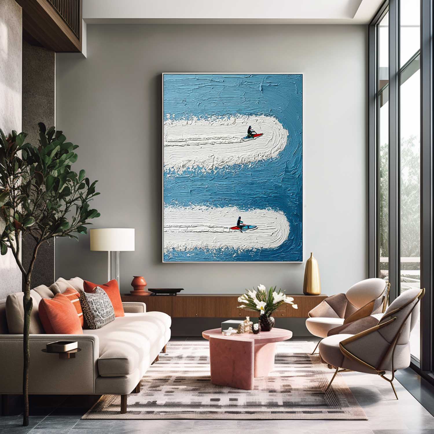 Minimalist Surfing Art Contemporary Ocean Painting Abstract Surfer Landscape Blue Ocean Wall Art Decor