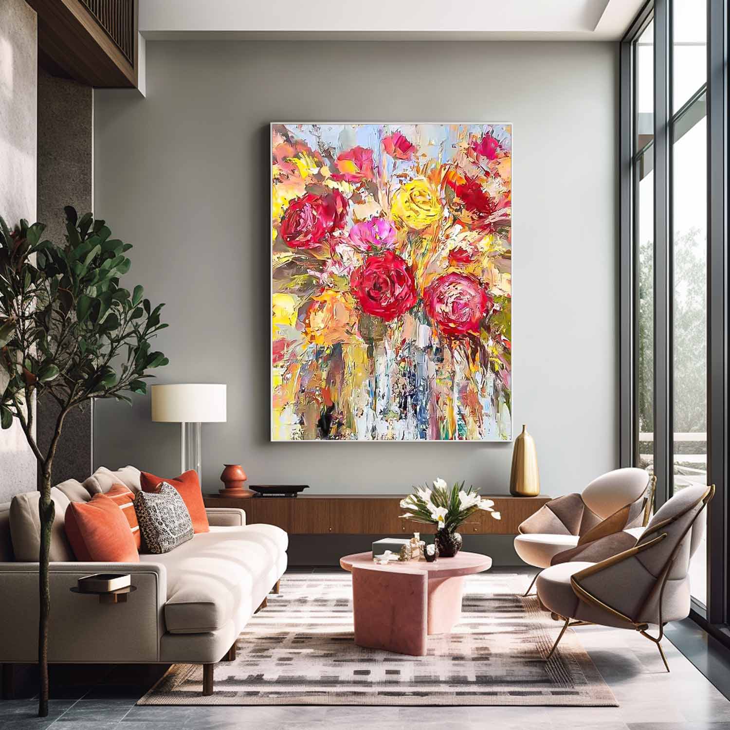 Affordable Abstract Yellow And Red Roses Acrylic  Painting On Canvas Contemporary Wall Art For Living Room