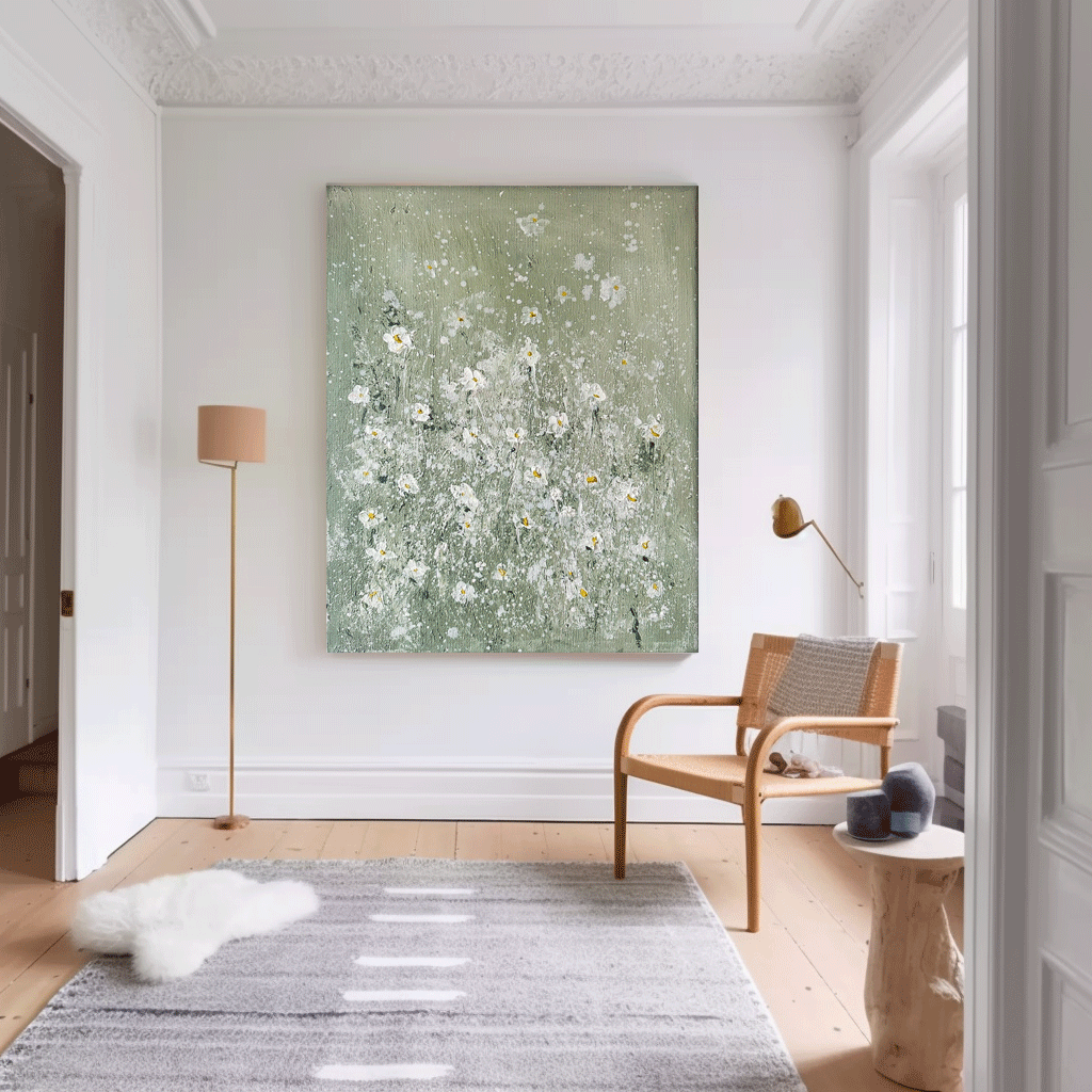 Large Abstract Small White Flower Paintings Modern Paintings Summer Painting Framed Floral Wall Art