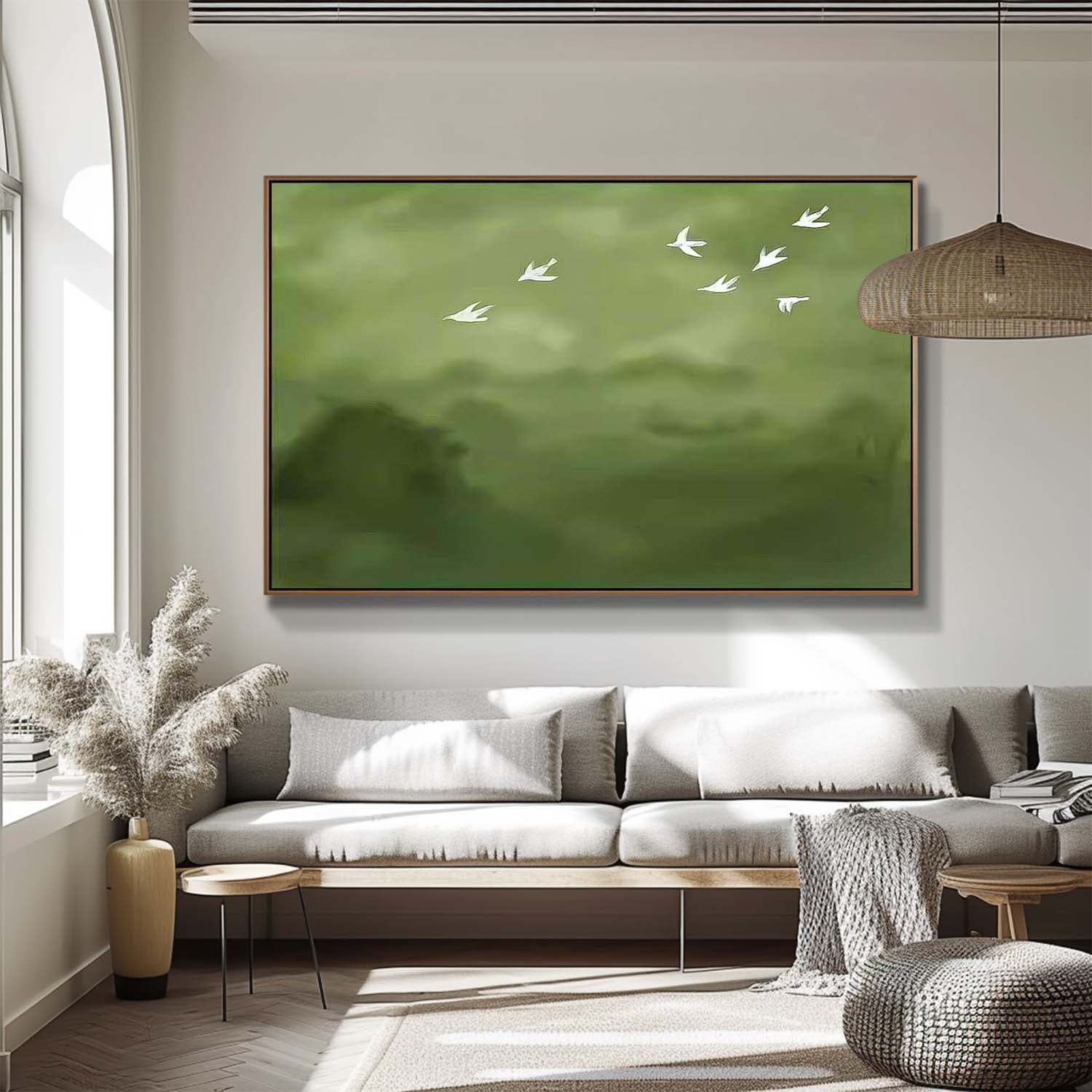 Large Green Wall Art Abstract Oil Painting Original Minimalist Wild Geese Abstract Spring Artwork