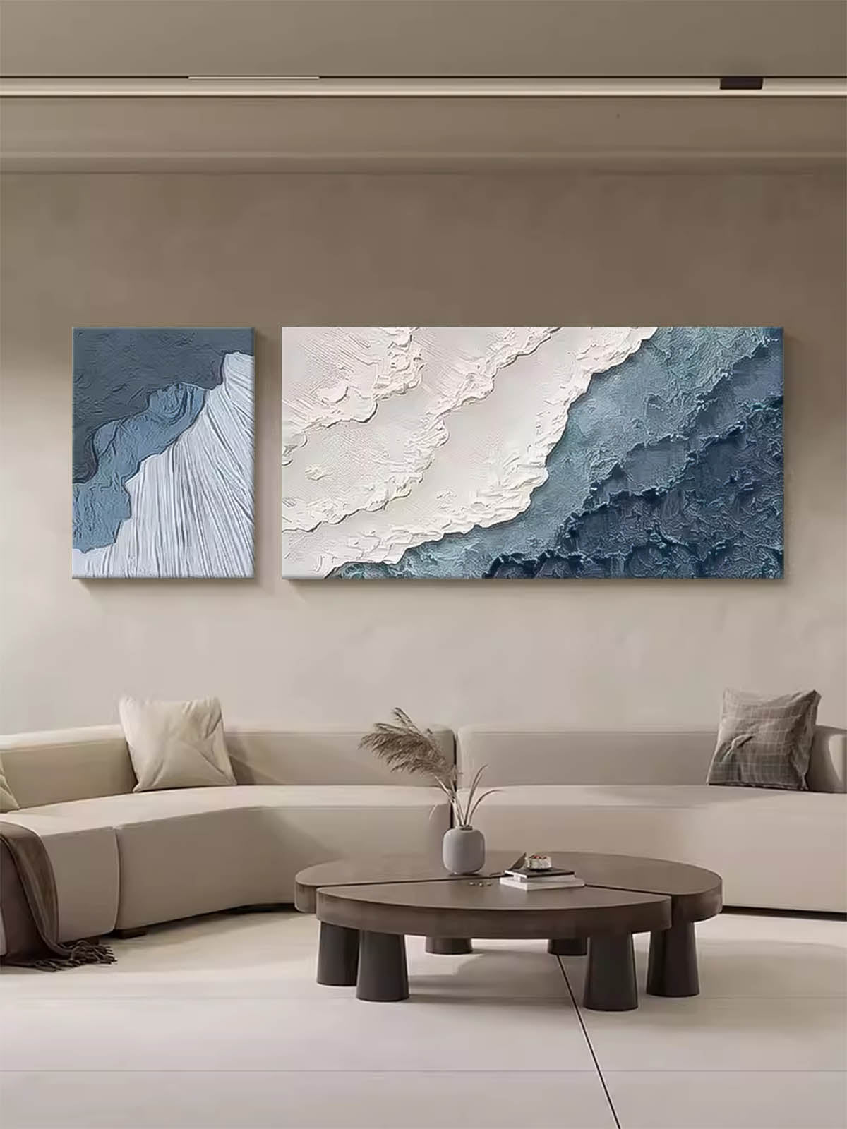 Set of 2 Large Texture Blue Ocean Wall Art Original Abstract Beach Oil Painting On Canvas For Living Room