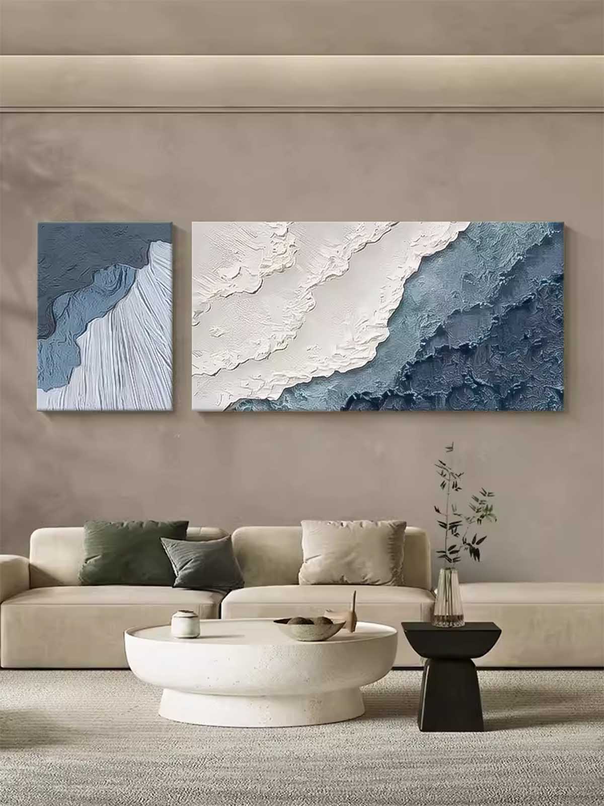 Set of 2 Large Texture Blue Ocean Wall Art Original Abstract Beach Oil Painting On Canvas For Living Room