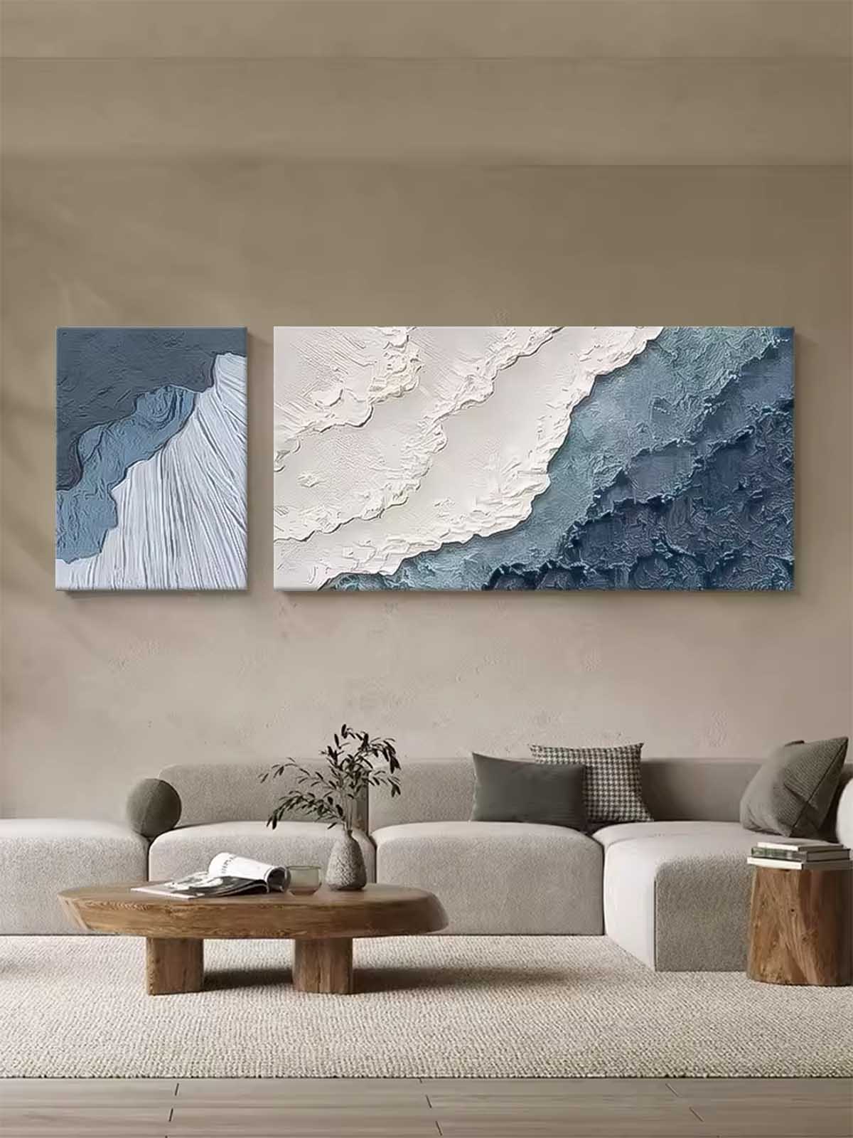 Set of 2 Large Texture Blue Ocean Wall Art Original Abstract Beach Oil Painting On Canvas For Living Room