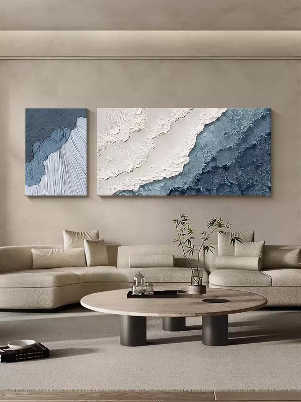 Set of 2 Large Texture Blue Ocean Wall Art Original Abstract Beach Oil Painting On Canvas For Living Room