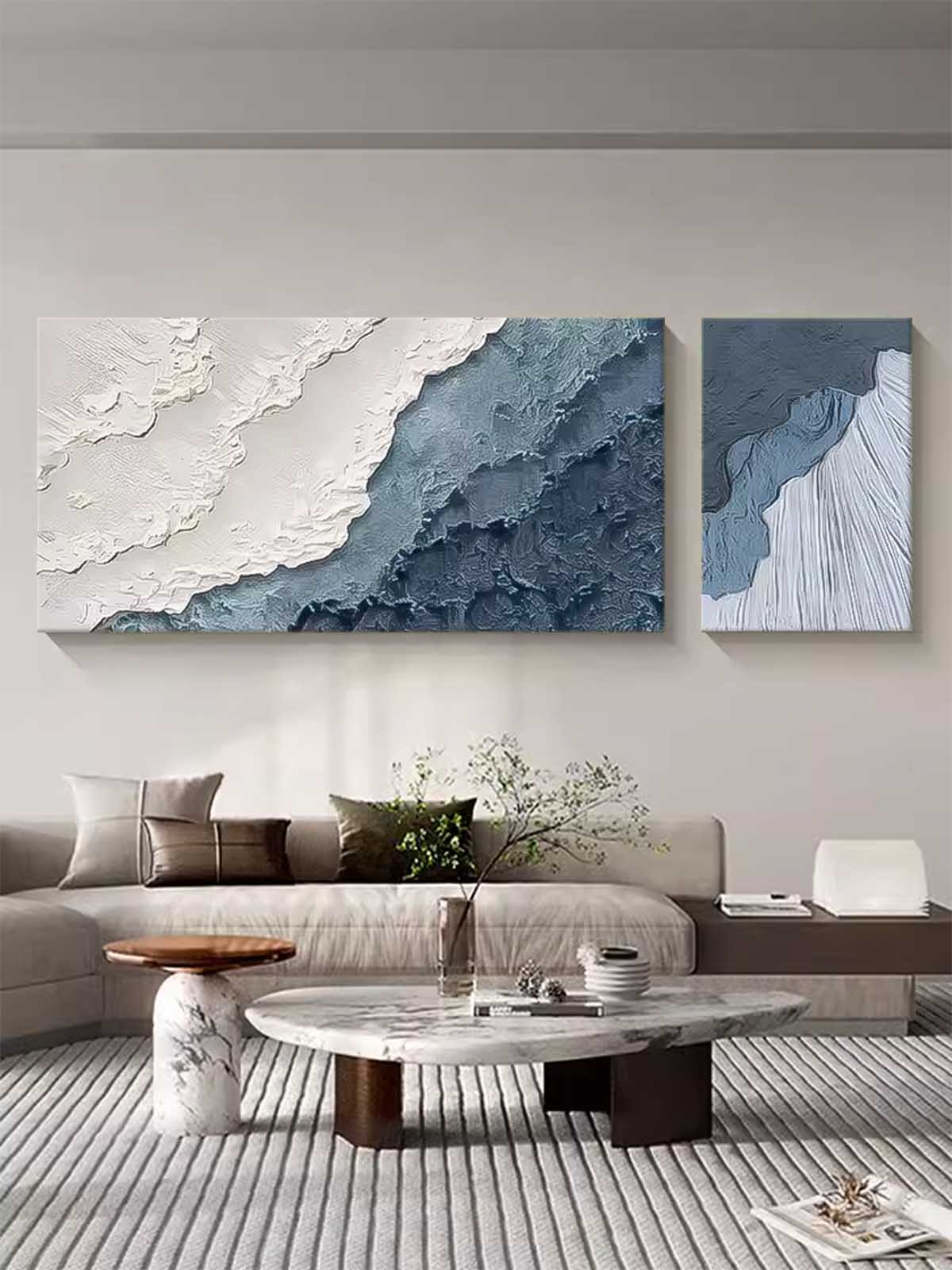 Set of 2 Large Texture Blue Ocean Wall Art Original Abstract Beach Oil Painting On Canvas For Living Room