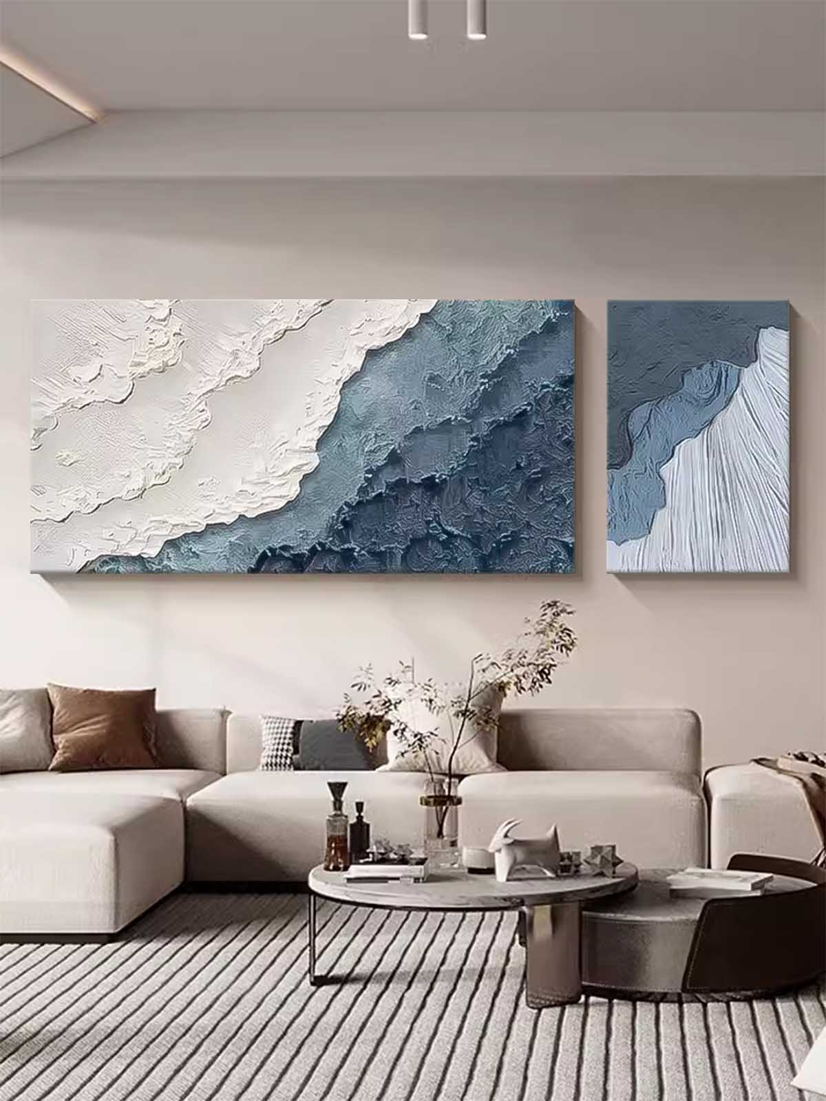 Set of 2 Large Texture Blue Ocean Wall Art Original Abstract Beach Oil Painting On Canvas For Living Room