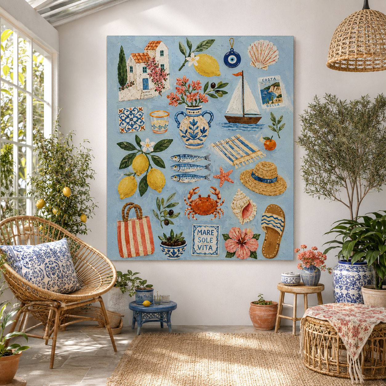 Mediterranean Bohemian Square Canvas Art With Lemons And Sea Life For Bright Living Room