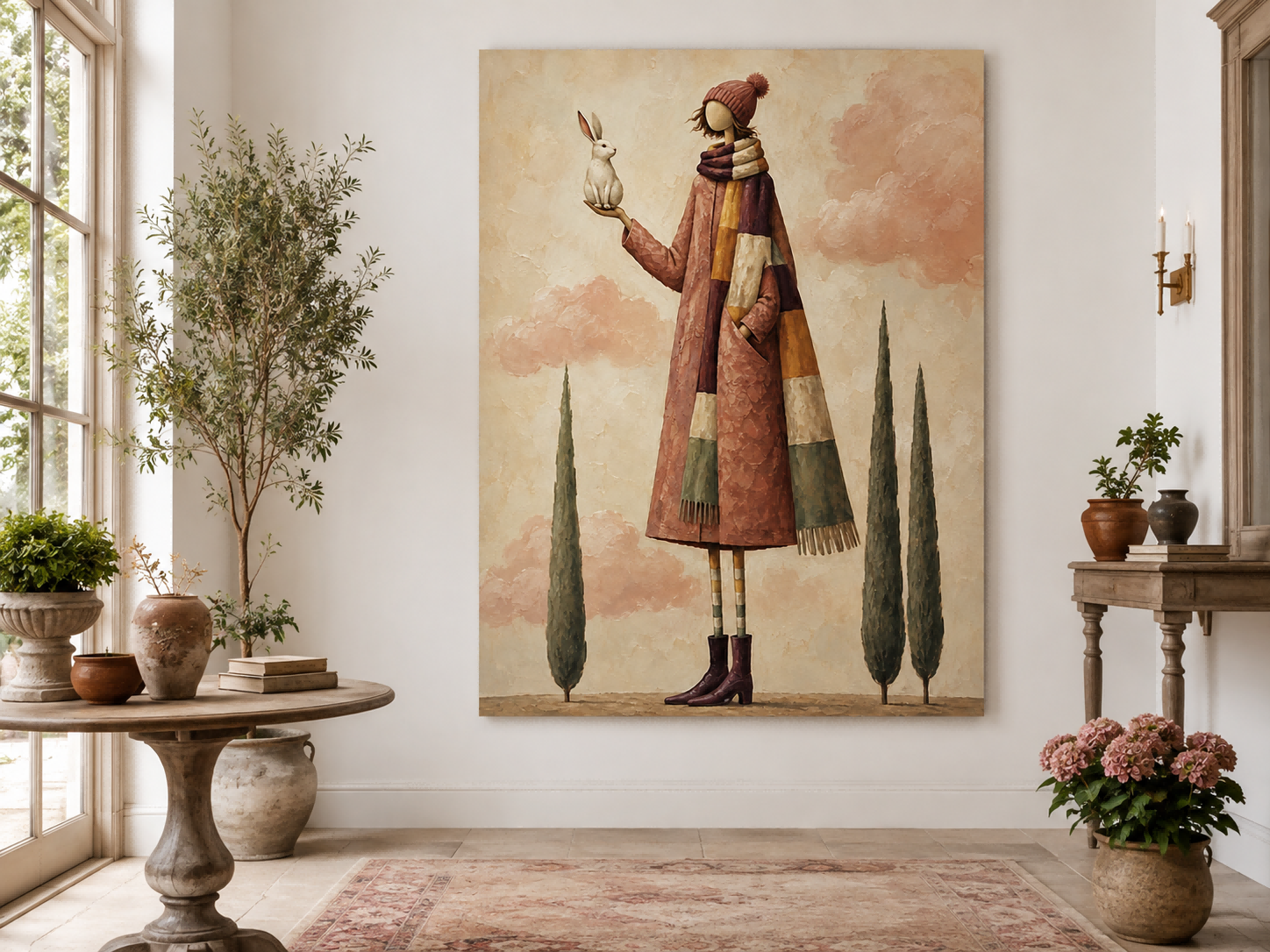 Surrealist Fantasy Oil Painting Of A Girl In A Long Coat With A White Hare