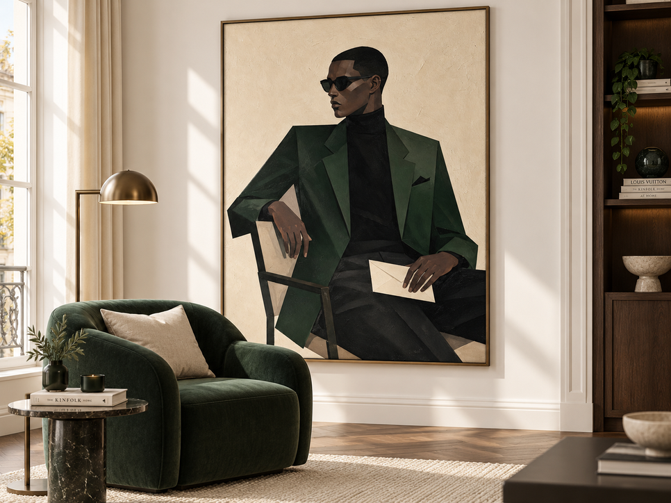 Minimalist Geometric Oil Painting Of A Man In Sunglasses And Suit