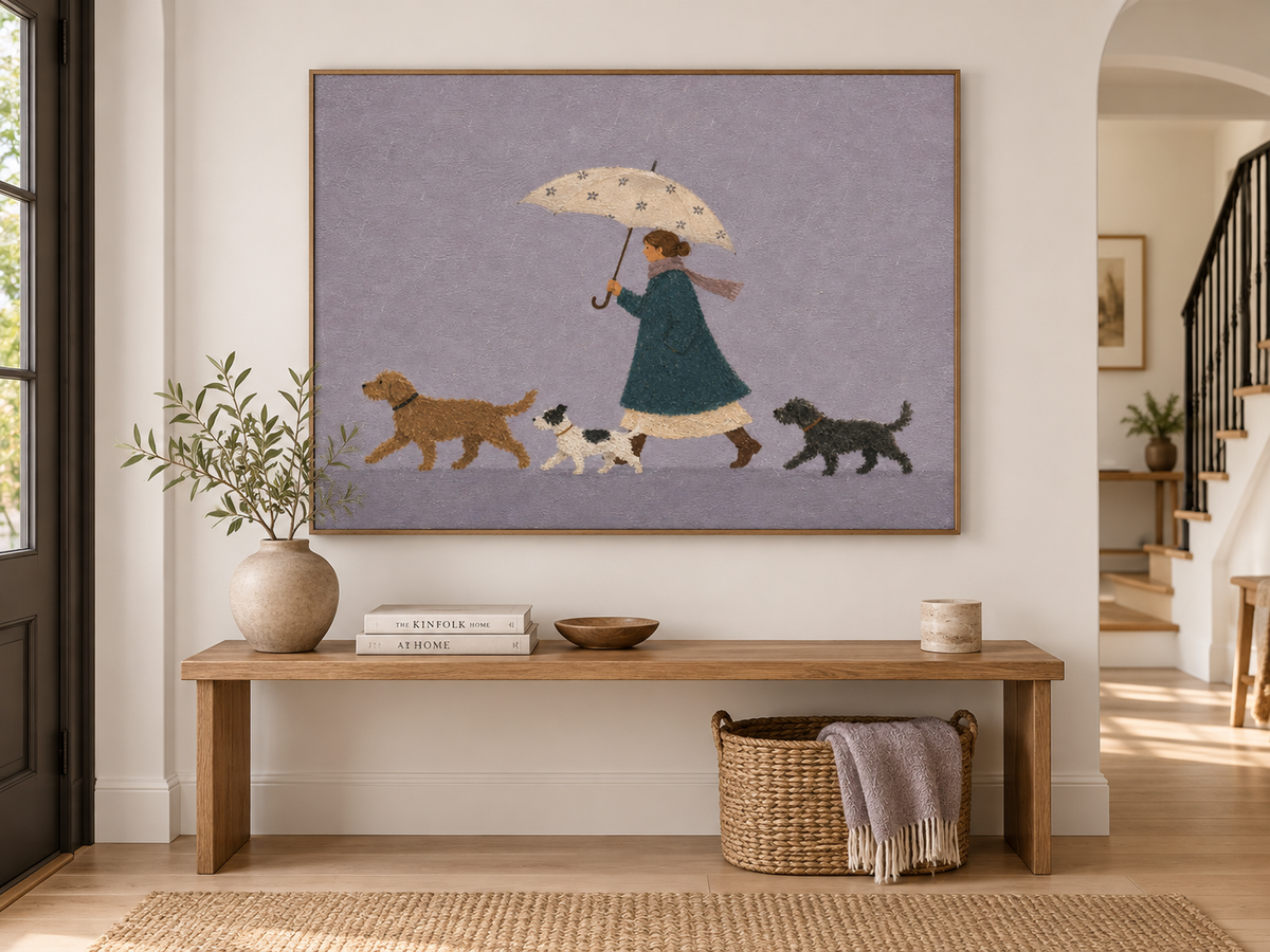 Woman Walking Dogs In Rain Hand-Painted Canvas Art With Umbrella