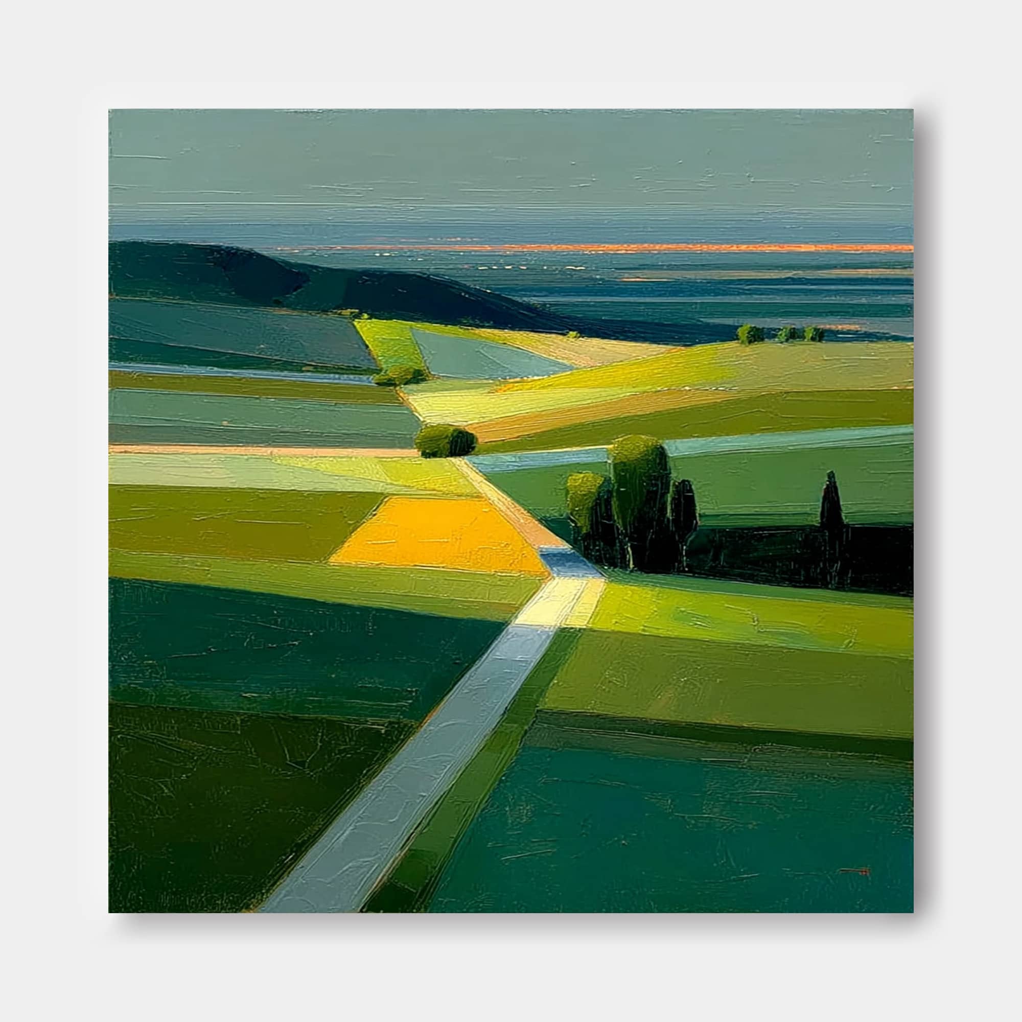Modern Abstract Landscape Oil Painting With Textured Green And Orange Fields For Contemporary Home Decor