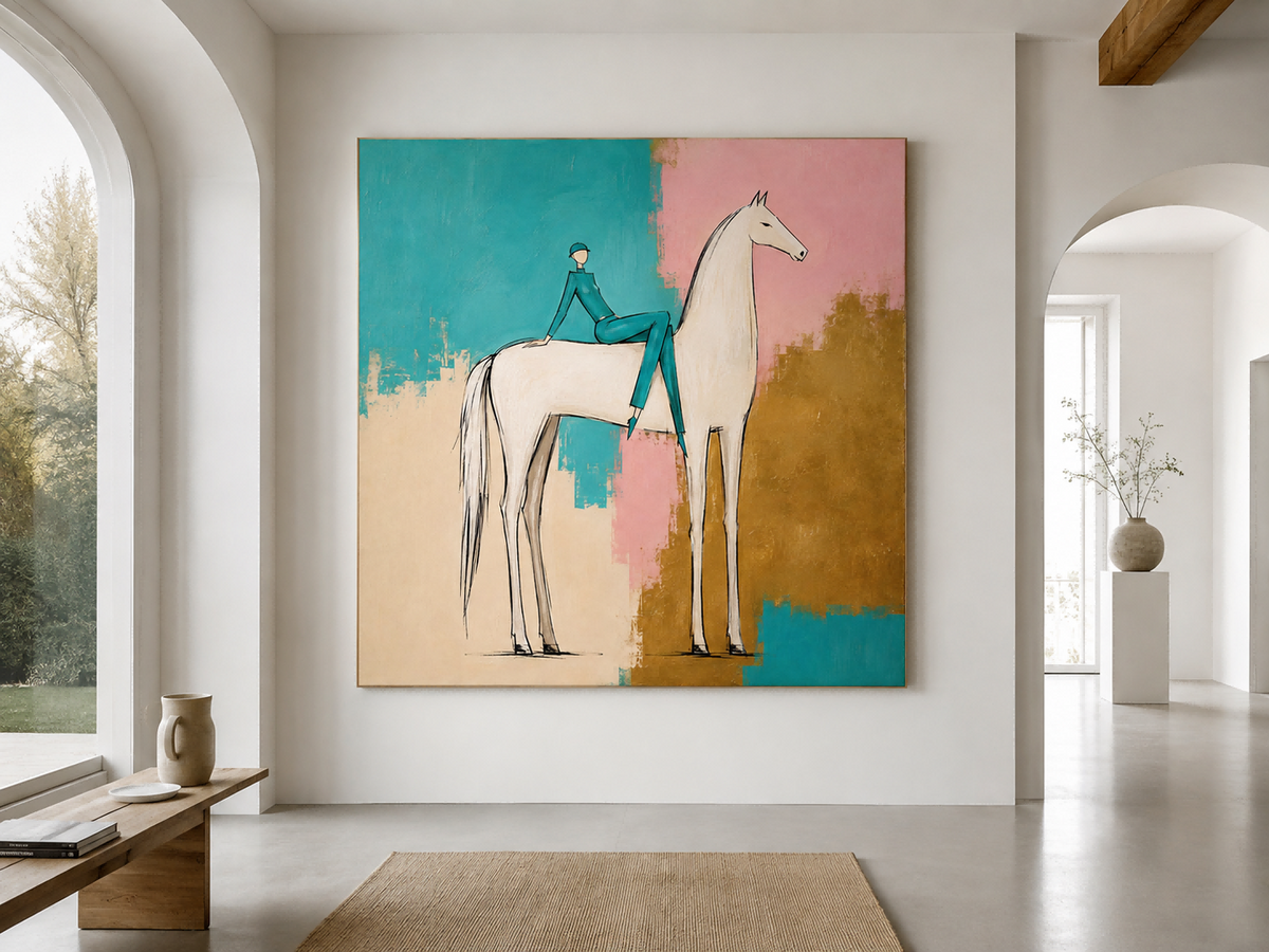 Abstract Equestrian Canvas Painting In Modern Pop Style With Vibrant Color Blocks