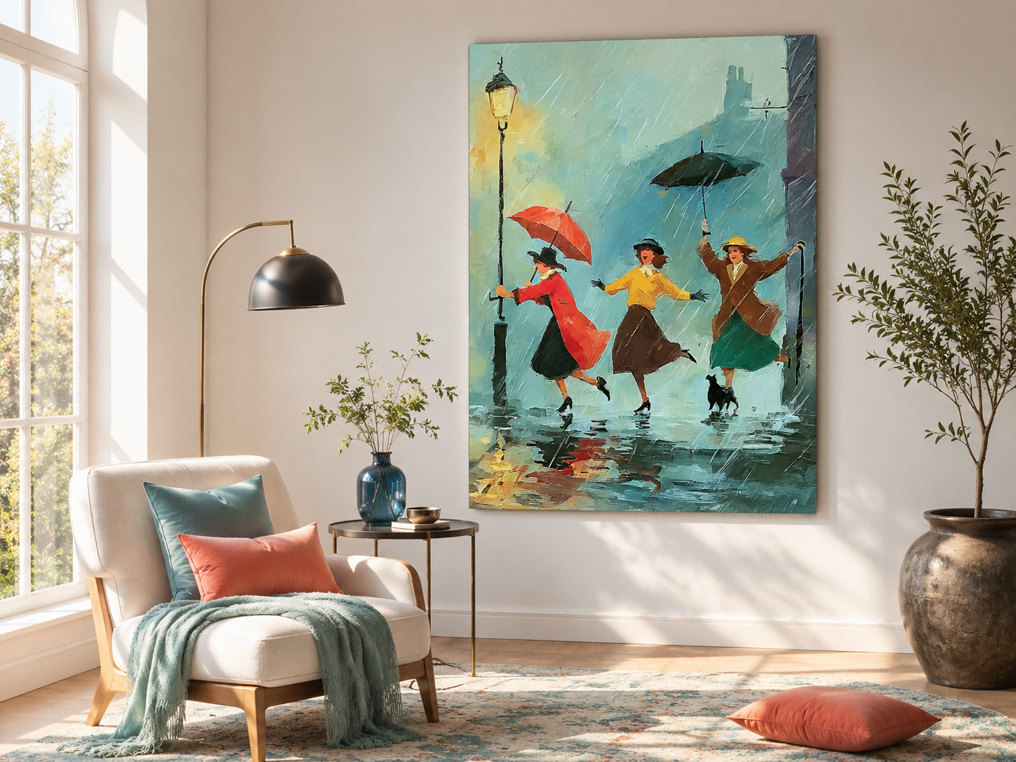 Impressionist Rainy Street Scene Painting With Three Women Under Umbrellas Vintage Wall Art