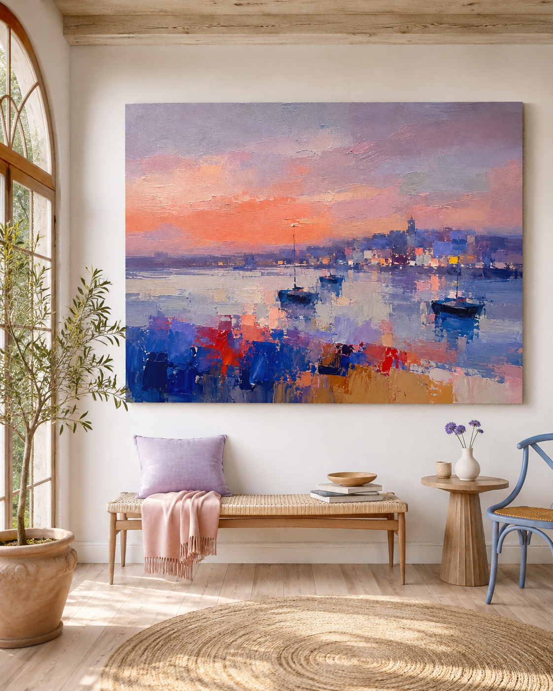 Modern Abstract Impasto Oil Painting Warm Sunset Harbor Scene Art
