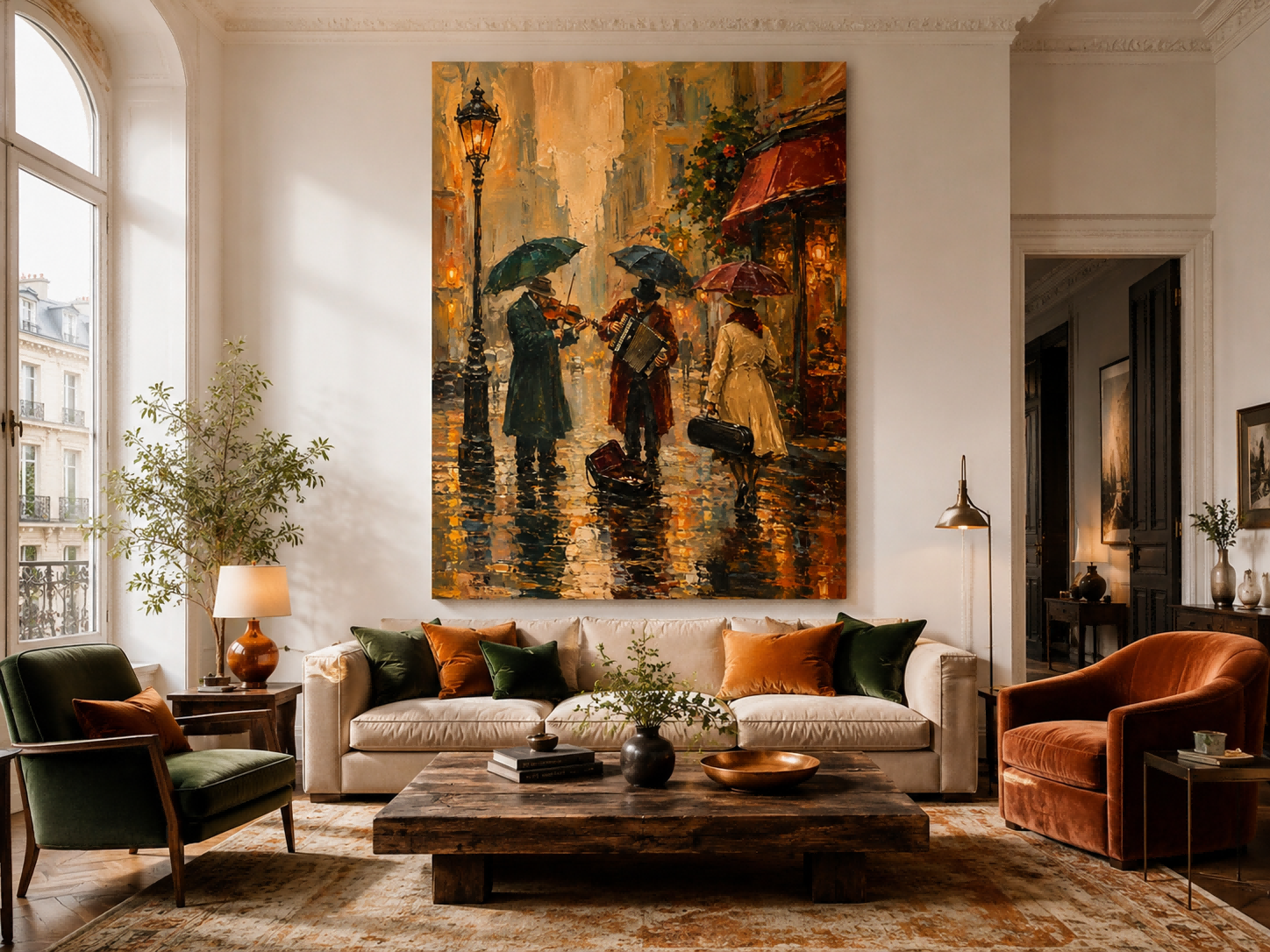 Rainy Street Musicians Oil Painting Vintage City Life Wall Art Decor For Living Room