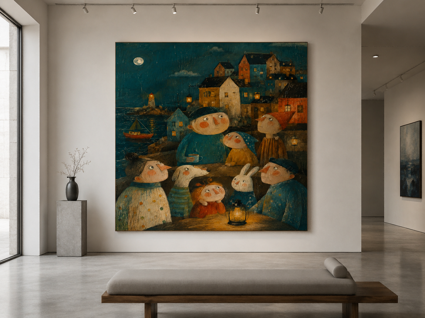 Naive Art Style Painting Of A Fantasy Port Town Under A Full Moon